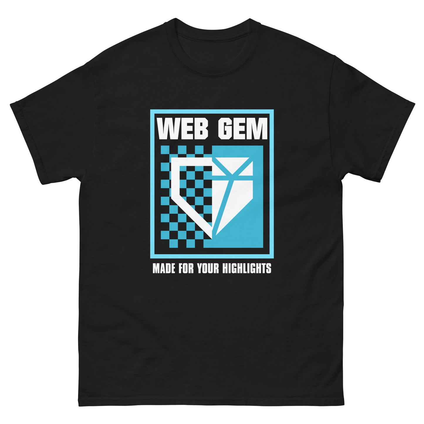 The front of the Web Gem graphic tee featuring the Split Diamond design in blue on black.