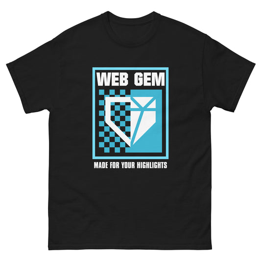 The front of the Web Gem graphic tee featuring the Split Diamond design in blue on black.