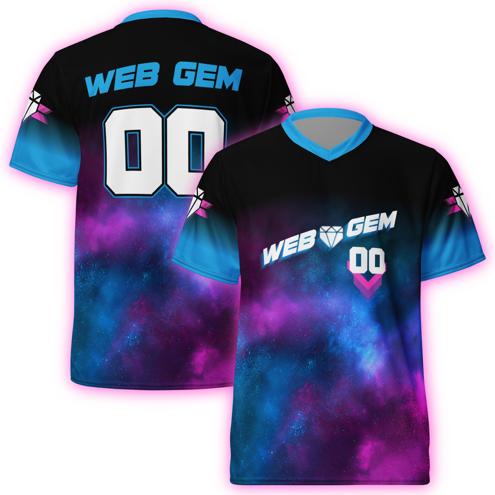 Web Gem Supernova Baseball Jersey - blue, pink, black, and purple galaxy print jersey for kids, teens, and adult players.