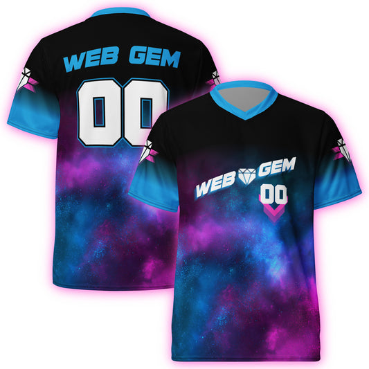 Web Gem Supernova Baseball Jersey - blue, pink, black, and purple galaxy print jersey for kids, teens, and adult players.