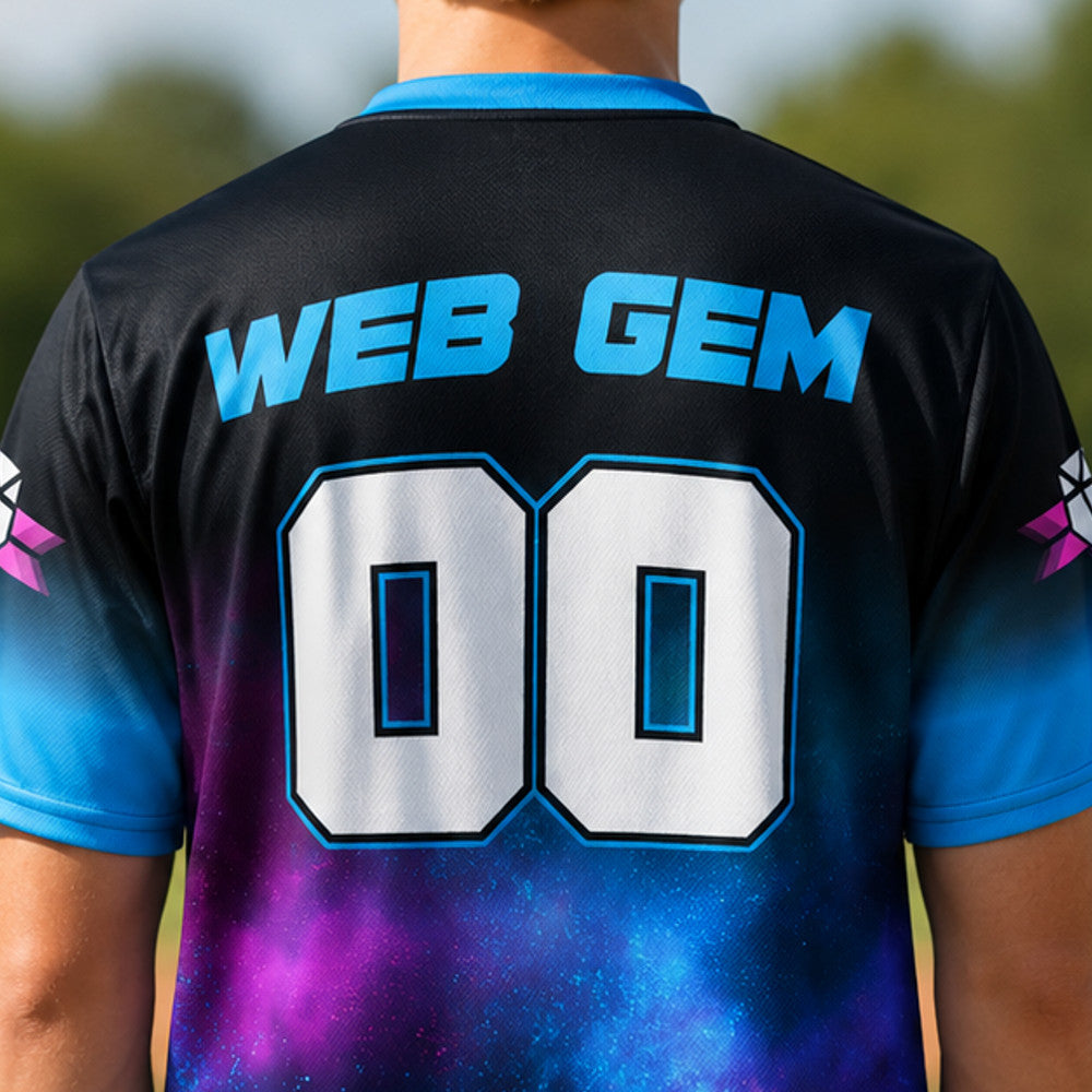 A baseball player wearing the Supernova Baseball Jersey, showcasing the Web Gem name and number on the back.