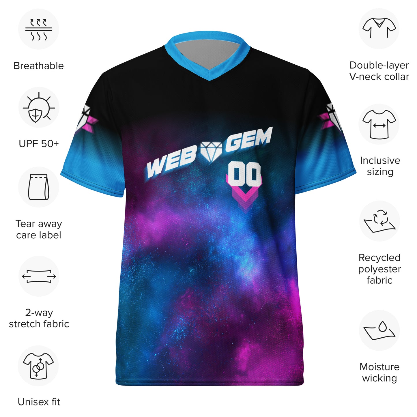 Product details of the Web Gem Supernova Jersey including breathable design and UPF50+ protection.