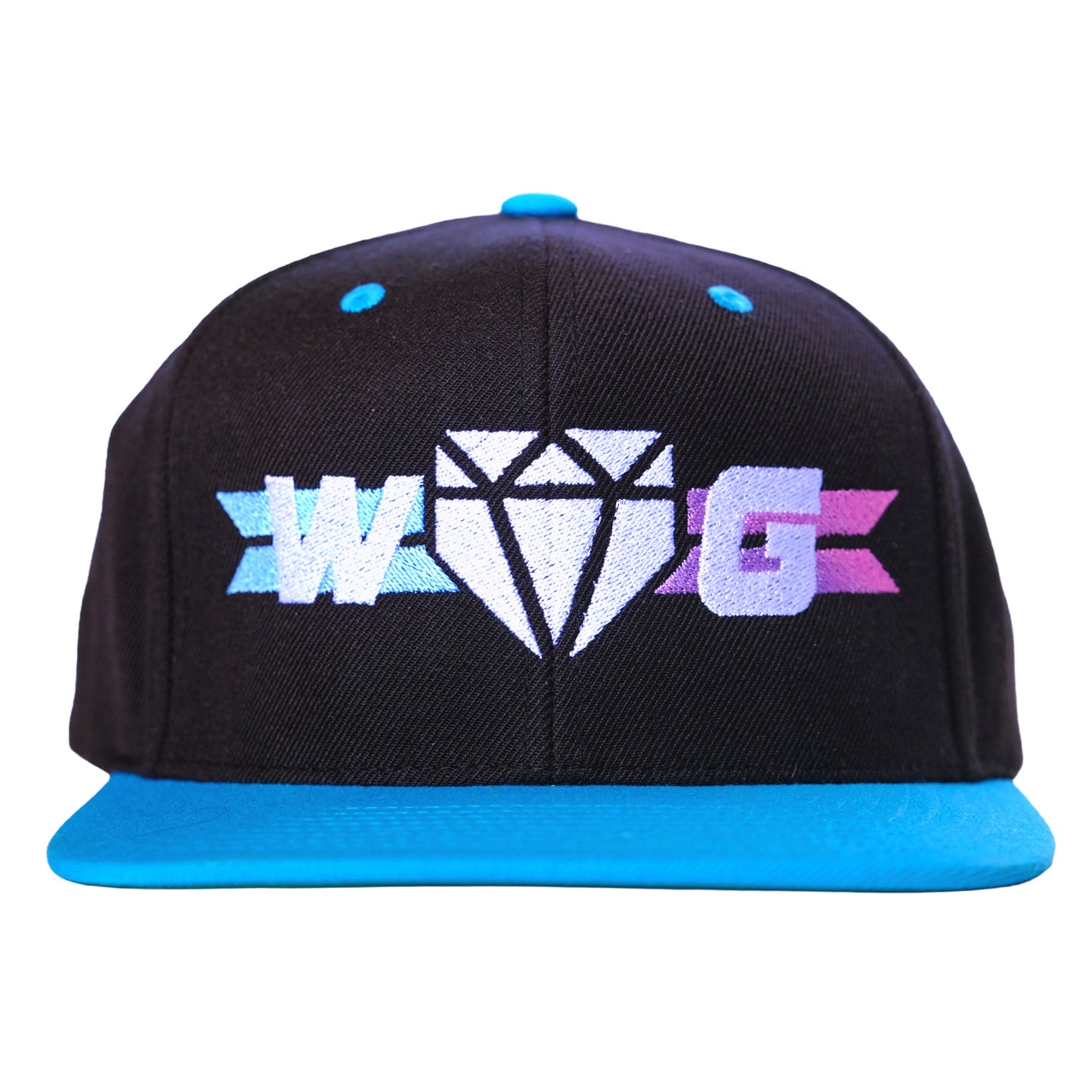 Web Gem Supernova Baseball Hat - blue and pink on a black, flat-brim, high-profile snapback hat for kids, teens, and adult players.