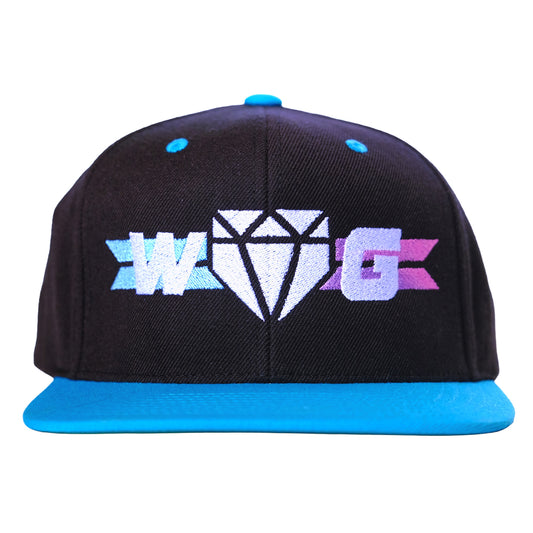 Web Gem Supernova Baseball Hat - blue and pink on a black, flat-brim, high-profile snapback hat for kids, teens, and adult players.