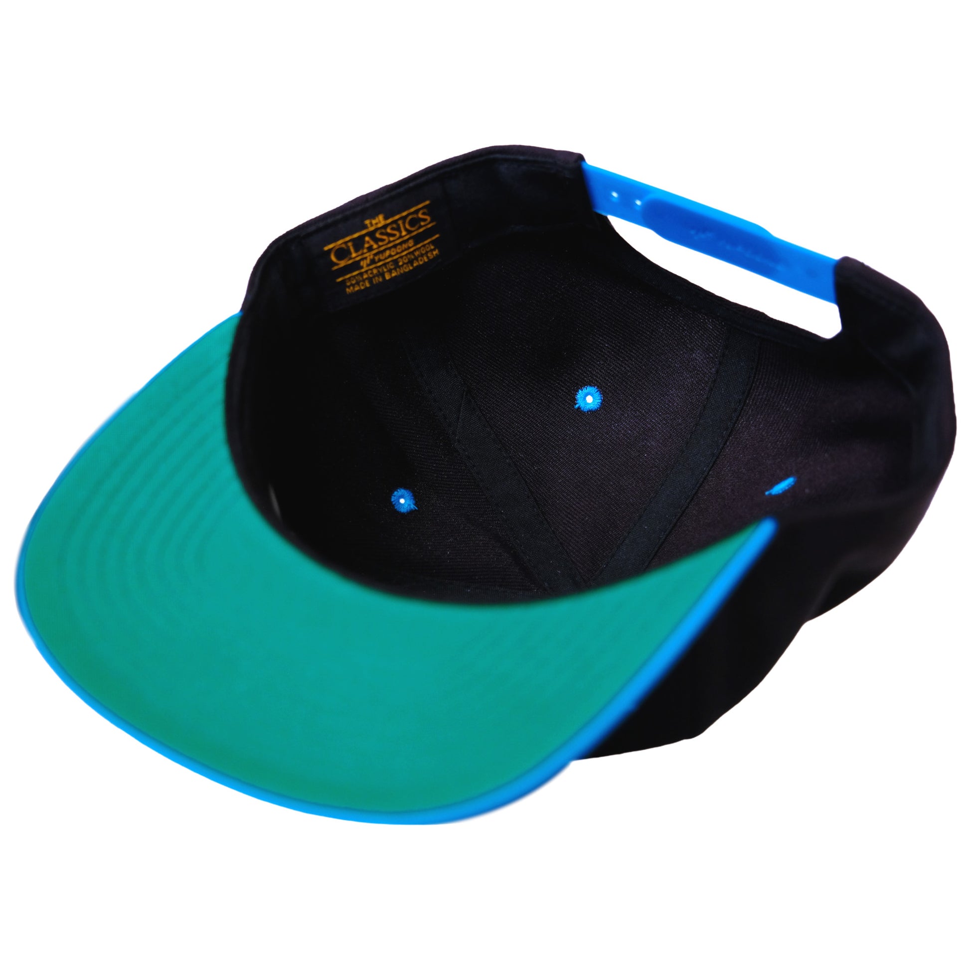 The underside of the Web Gem Supernova Hat showcasing the authentic green underbrim and snapback adjustment.