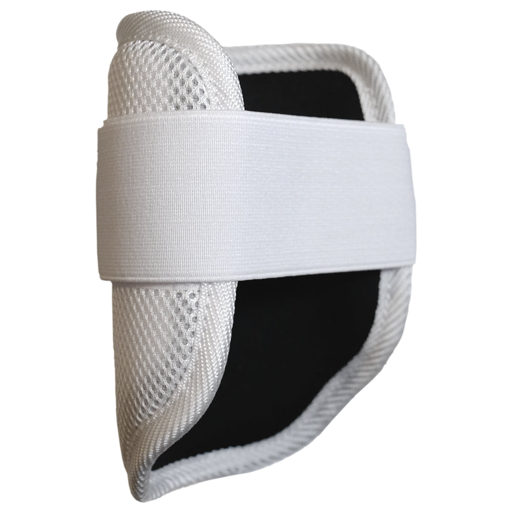 Back view of Moonshot White Baseball Elbow Guard showing adjustable Velcro strap and ergonomic design