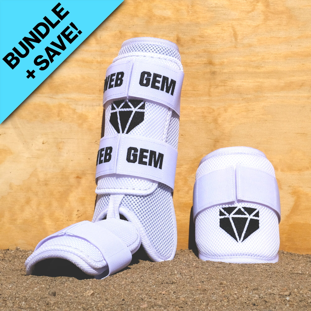 Web Gem Baseball Leg and Elbow Guard Kit – moonshot white protective gear for youth, travel ball, and high school hitters.