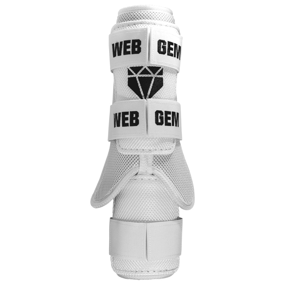 Front view of Moonshot White Baseball Leg Guard showing form fitting design that works on either leg