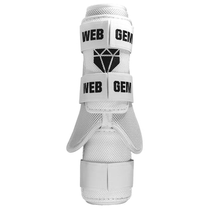 Front view of Moonshot White Baseball Leg Guard showing form fitting design that works on either leg