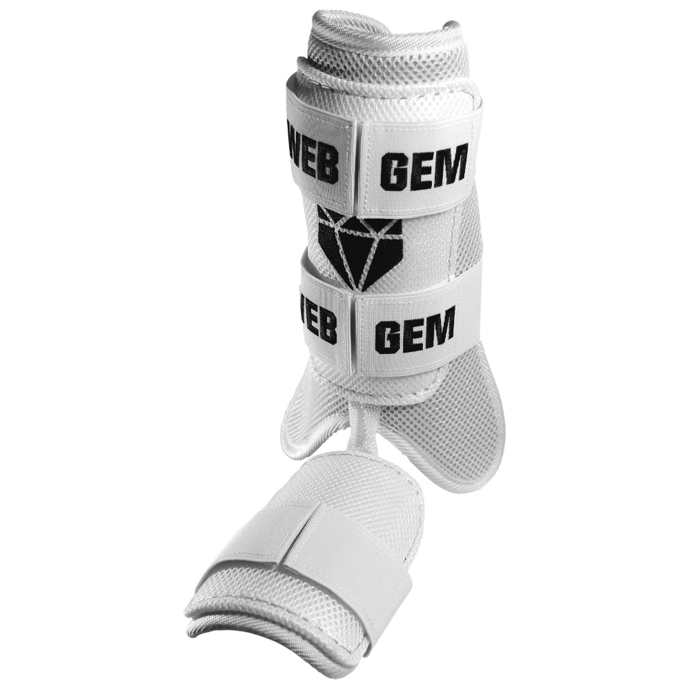 Web Gem Baseball Leg Guard – moonshot white protective gear for youth, travel ball, and high school hitters