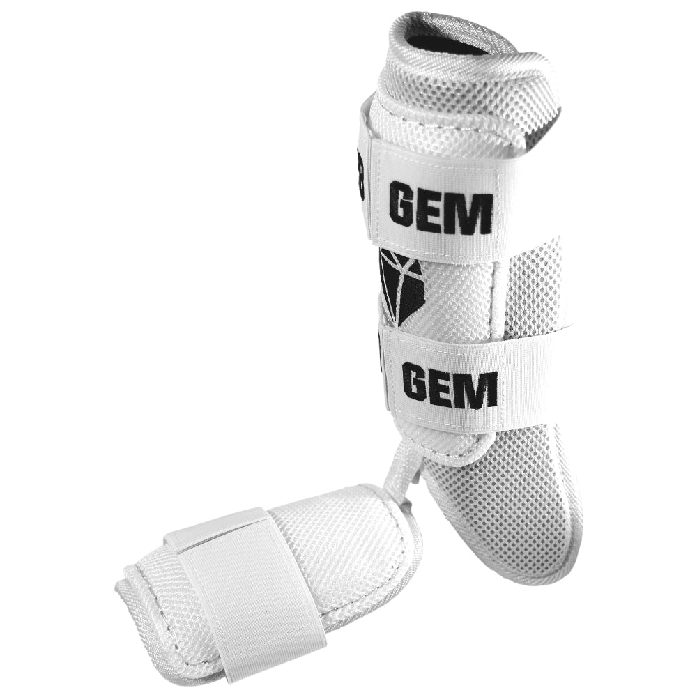 Back view of Moonshot White Baseball Leg Guard showing adjustable Velcro strap and ergonomic design