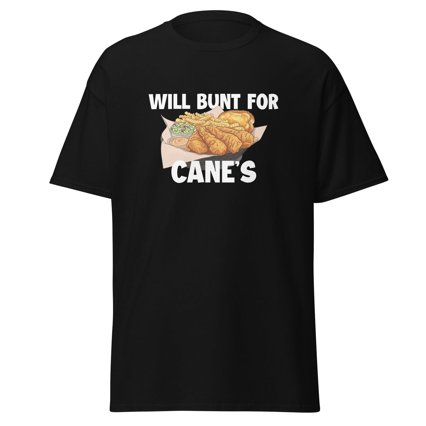 A funny baseball shirt in black from Web Gem Apparel for players who hate bunting but love Cane's chicken fingers! 