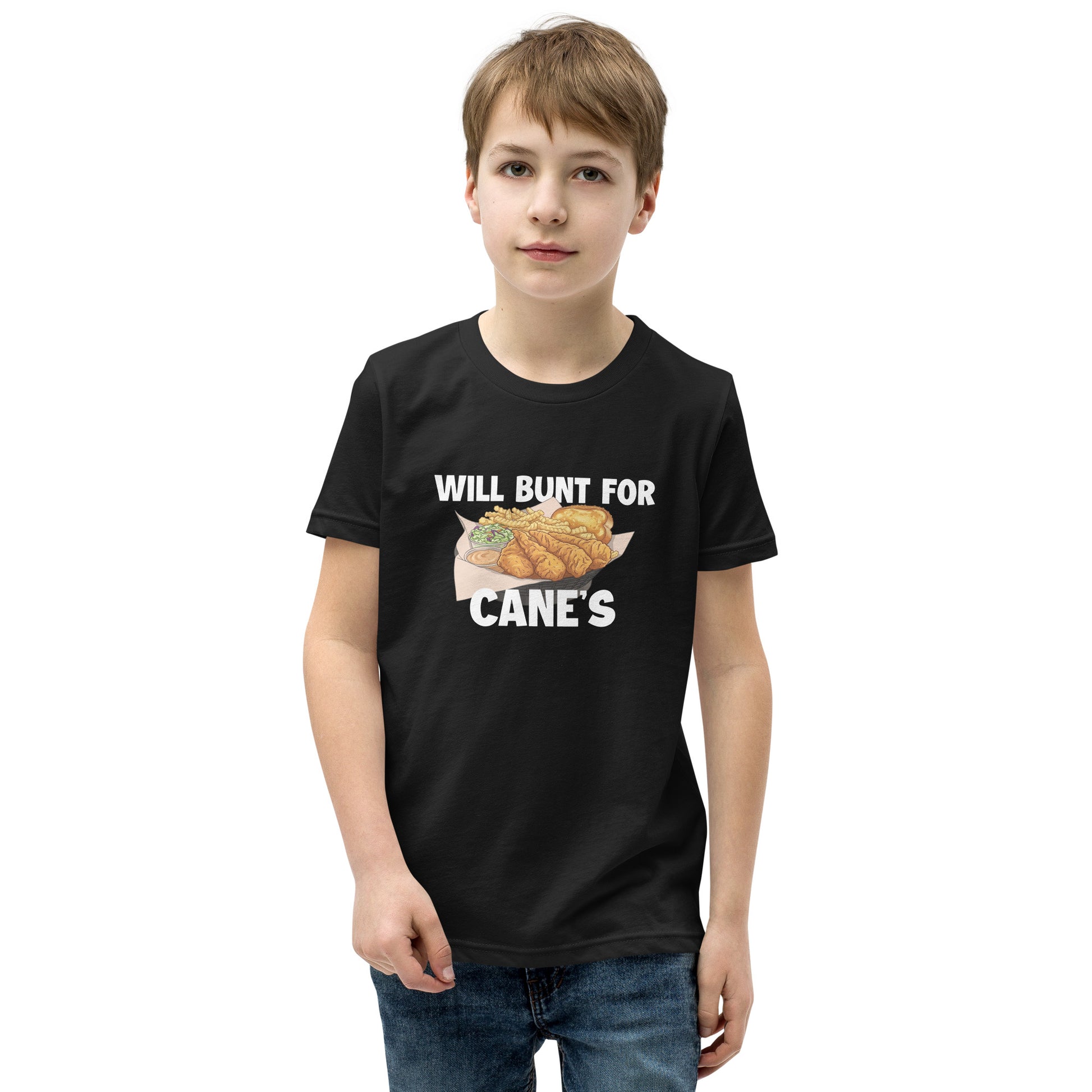 A funny baseball youth tee shirt in black from Web Gem Apparel for players who hate bunting but love Cane's chicken fingers! 