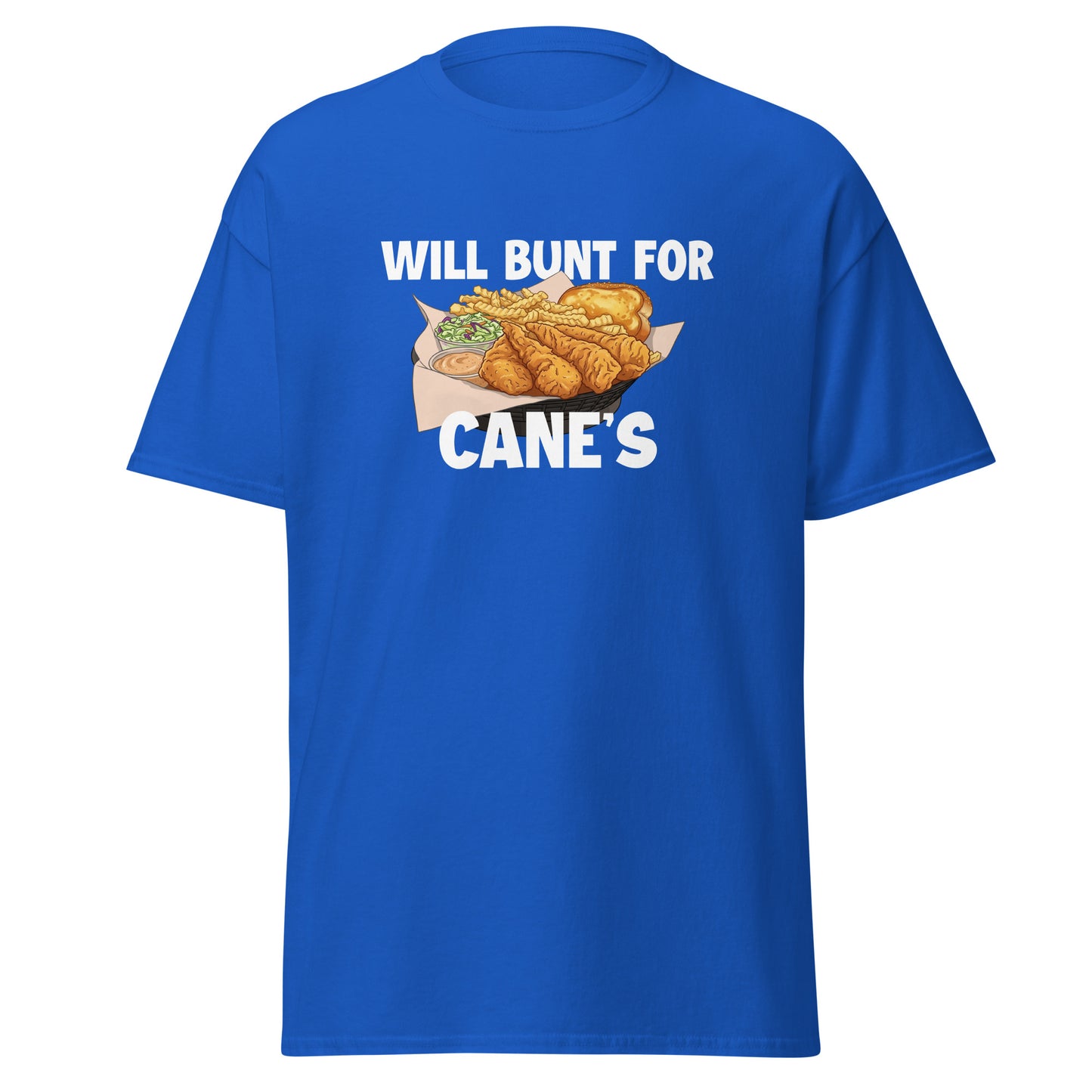 A funny baseball shirt in blue from Web Gem Apparel for players who hate bunting but love Cane's chicken fingers! 