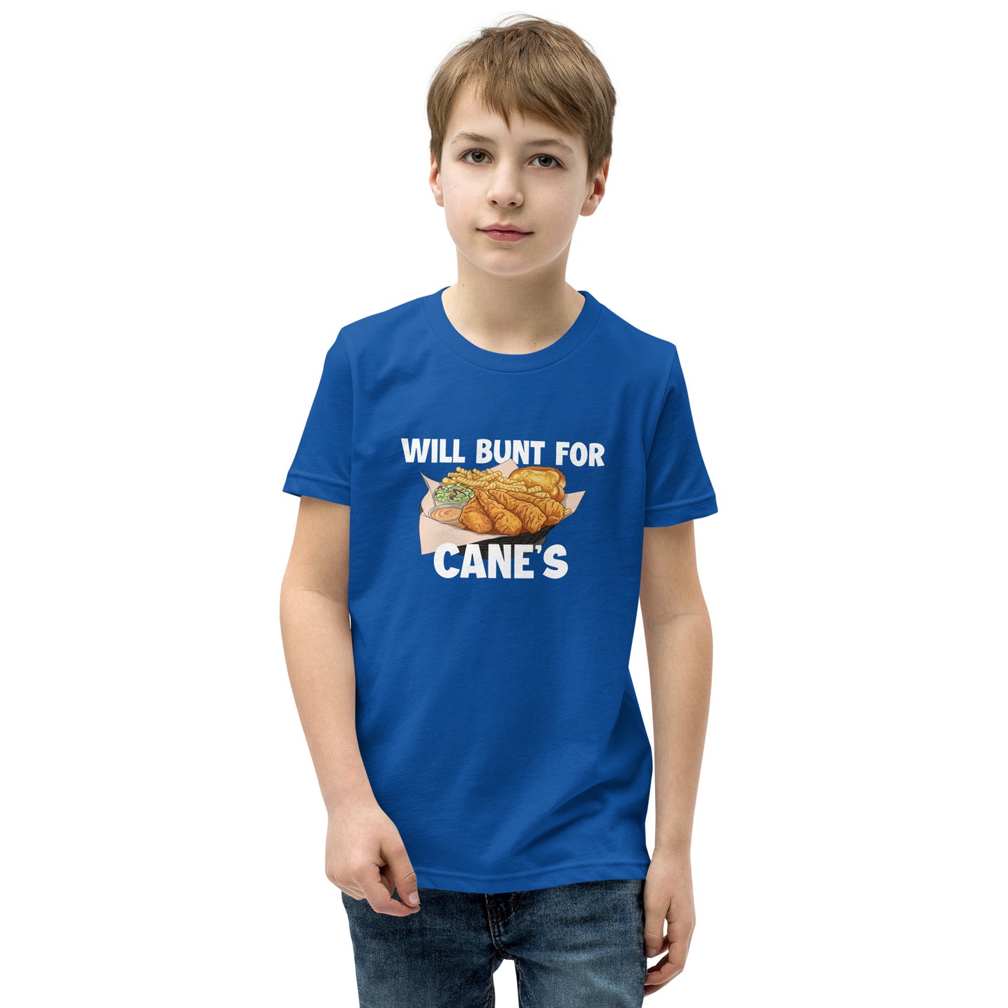 A funny baseball youth tee shirt in blue from Web Gem Apparel for players who hate bunting but love Cane's chicken fingers! 