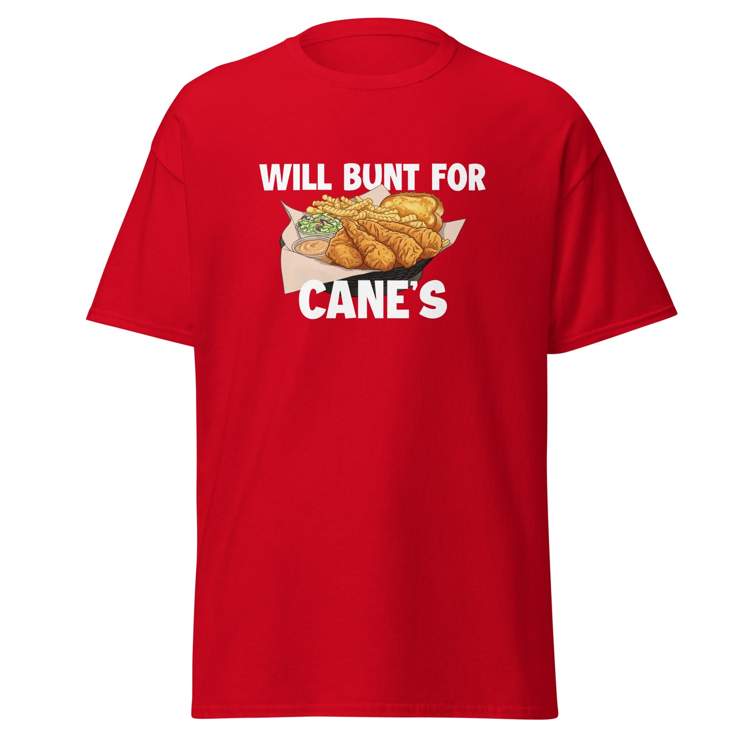 A funny baseball shirt in red from Web Gem Apparel for players who hate bunting but love Cane's chicken fingers! 