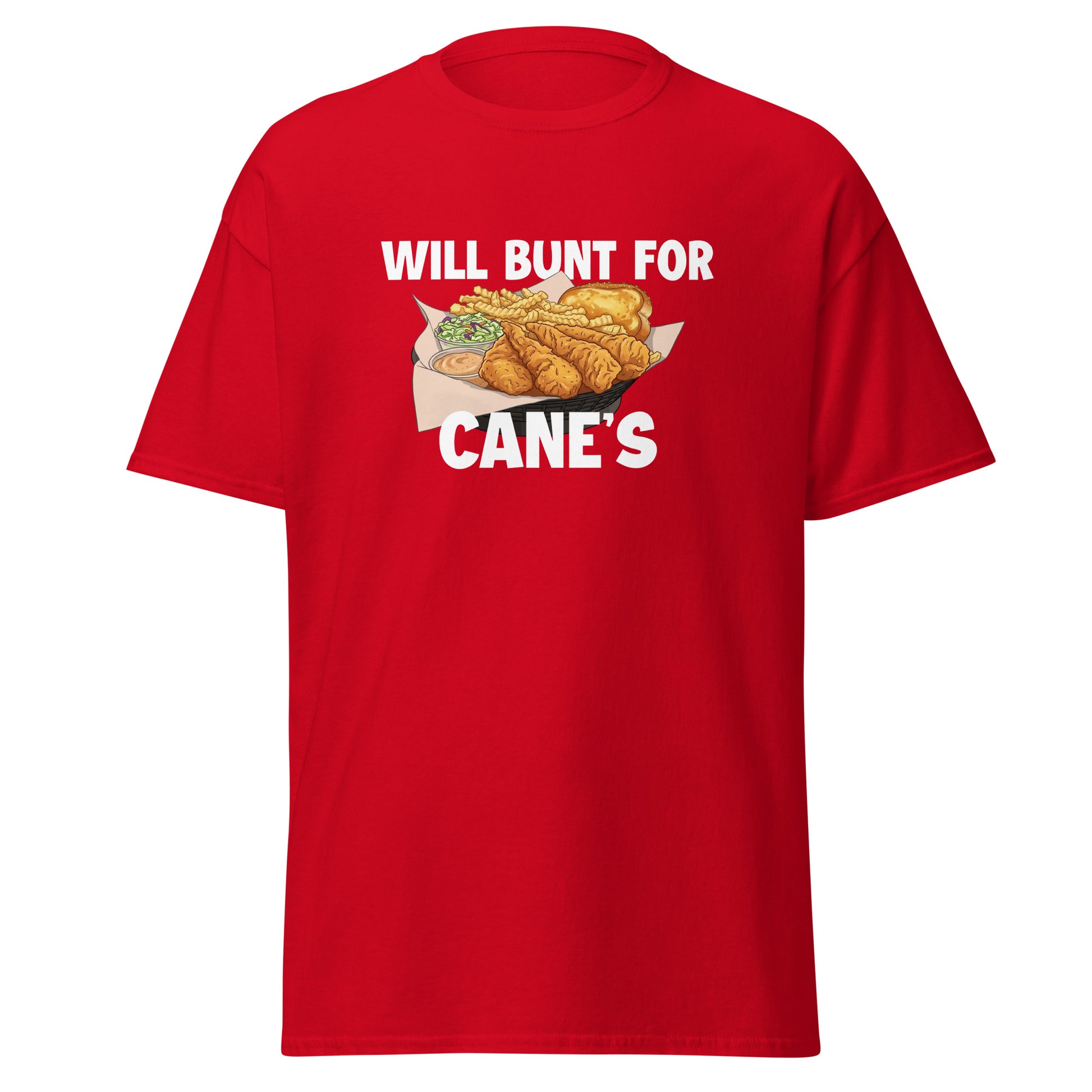 A funny baseball shirt in red from Web Gem Apparel for players who hate bunting but love Cane's chicken fingers! 