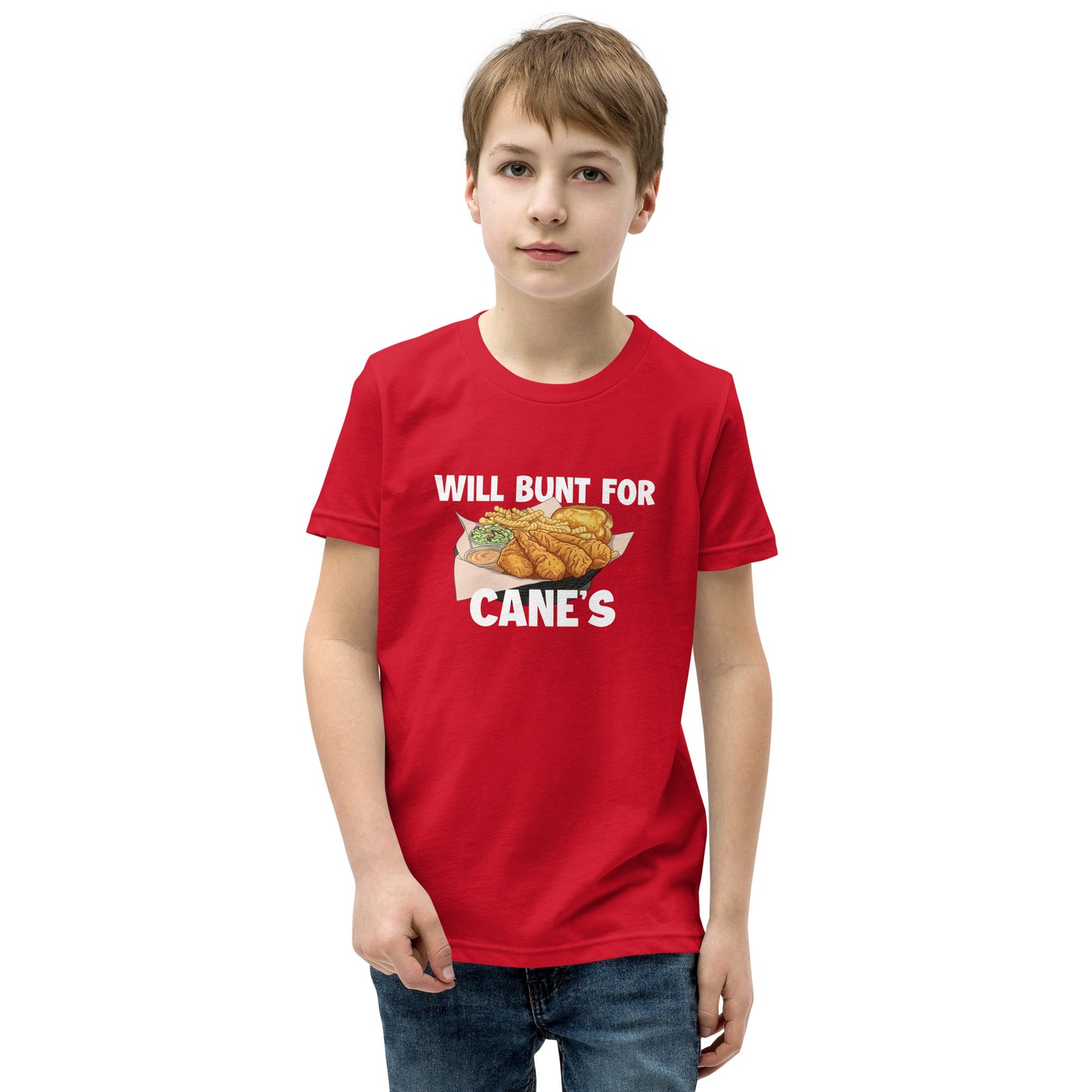 A funny baseball youth tee shirt in red from Web Gem Apparel for players who hate bunting but love Cane's chicken fingers! 