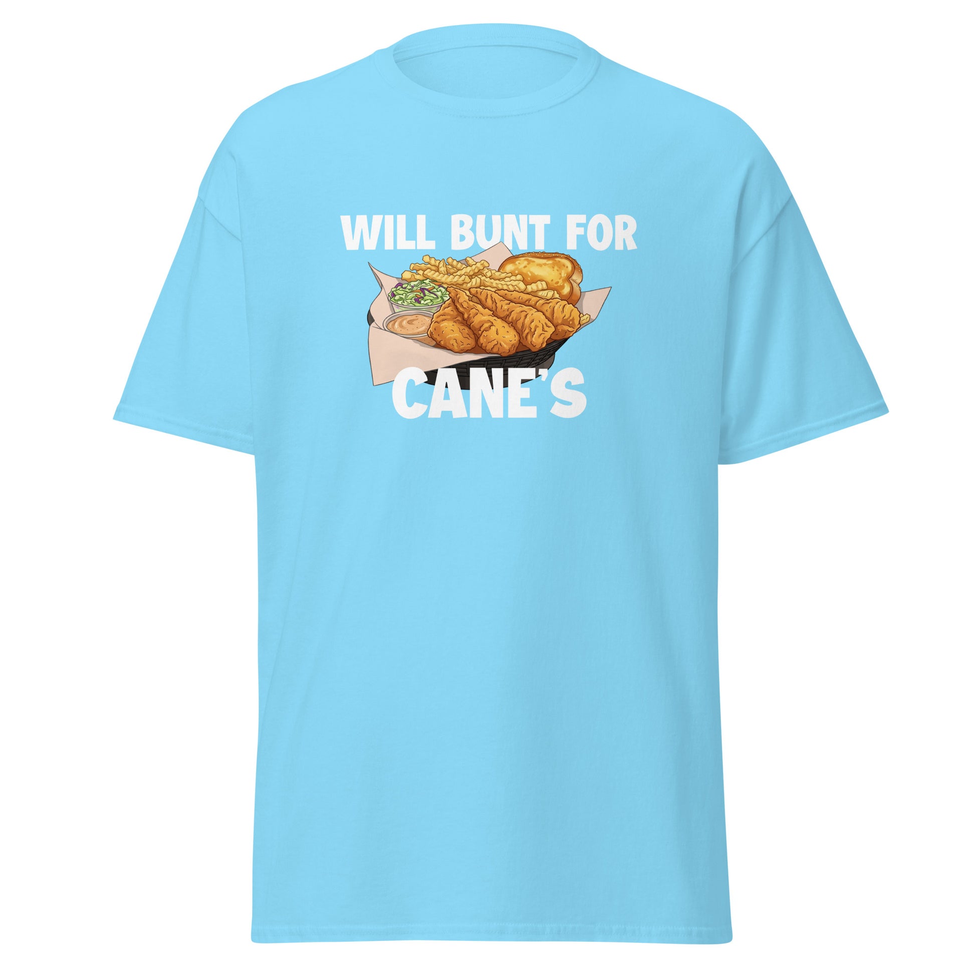 A funny baseball shirt in sky blue from Web Gem Apparel for players who hate bunting but love Cane's chicken fingers! 