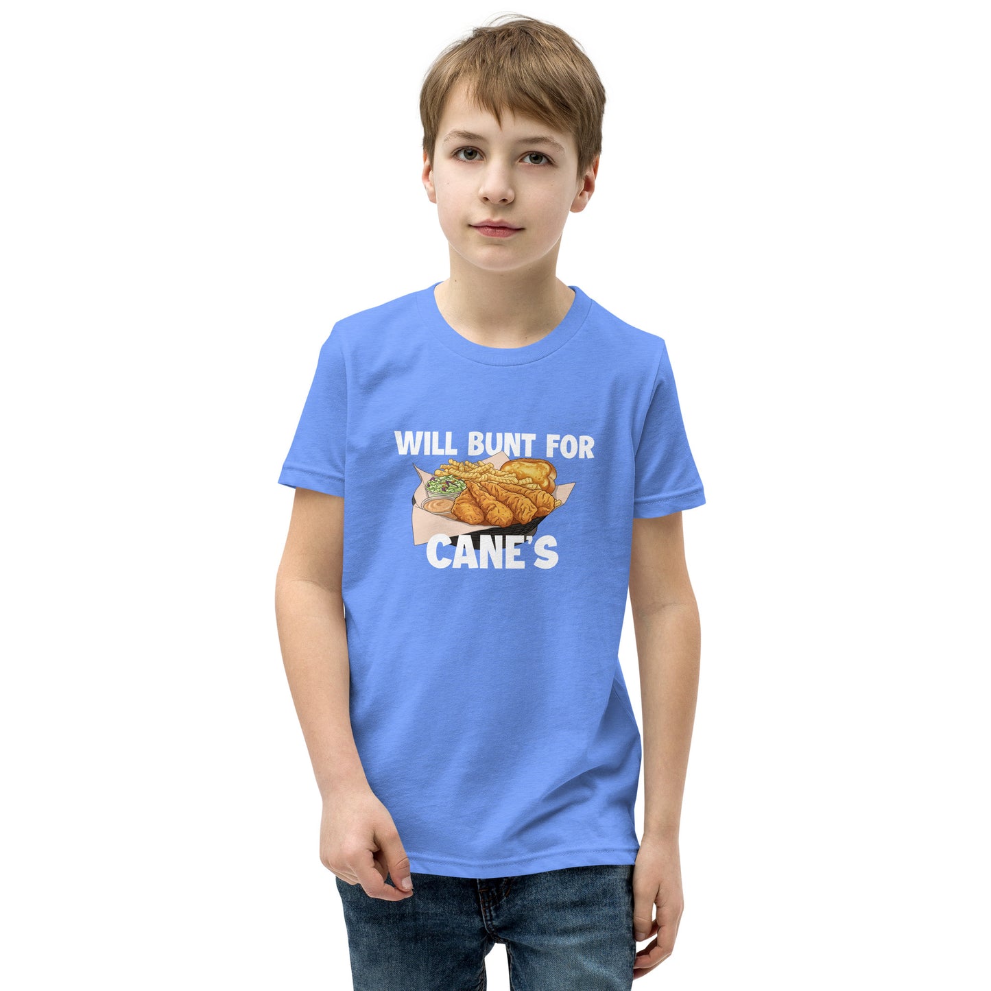 A funny baseball youth tee shirt in sky blue from Web Gem Apparel for players who hate bunting but love Cane's chicken fingers! 