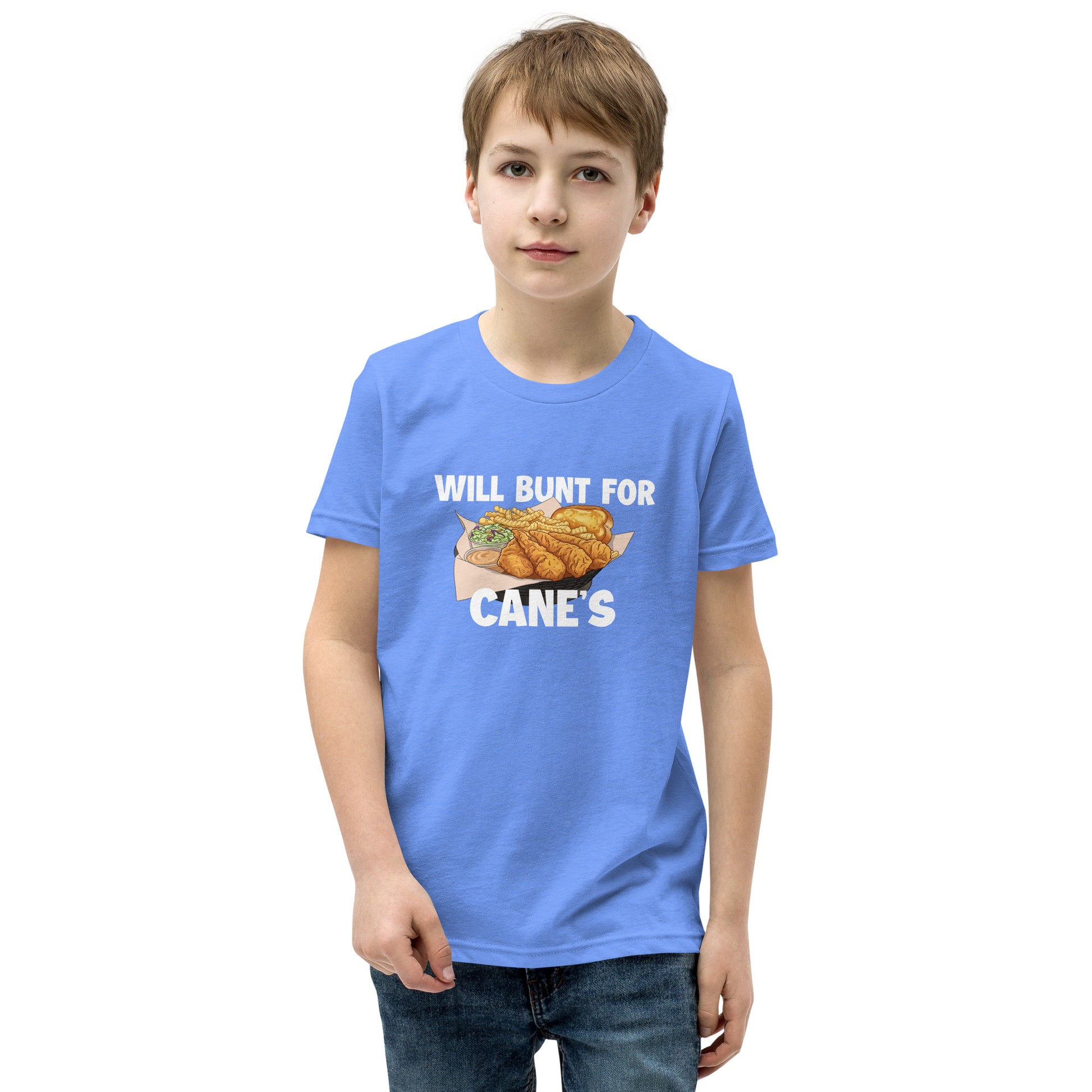 A funny baseball youth tee shirt in sky blue from Web Gem Apparel for players who hate bunting but love Cane's chicken fingers! 
