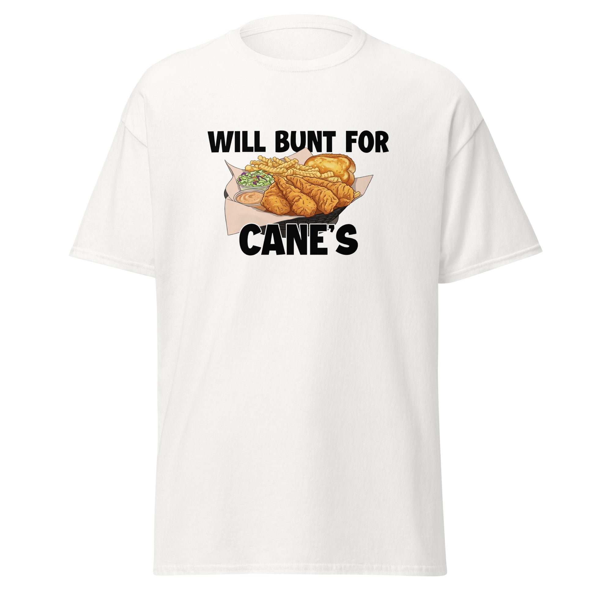 A funny baseball shirt in white from Web Gem Apparel for players who hate bunting but love Cane's chicken fingers! 