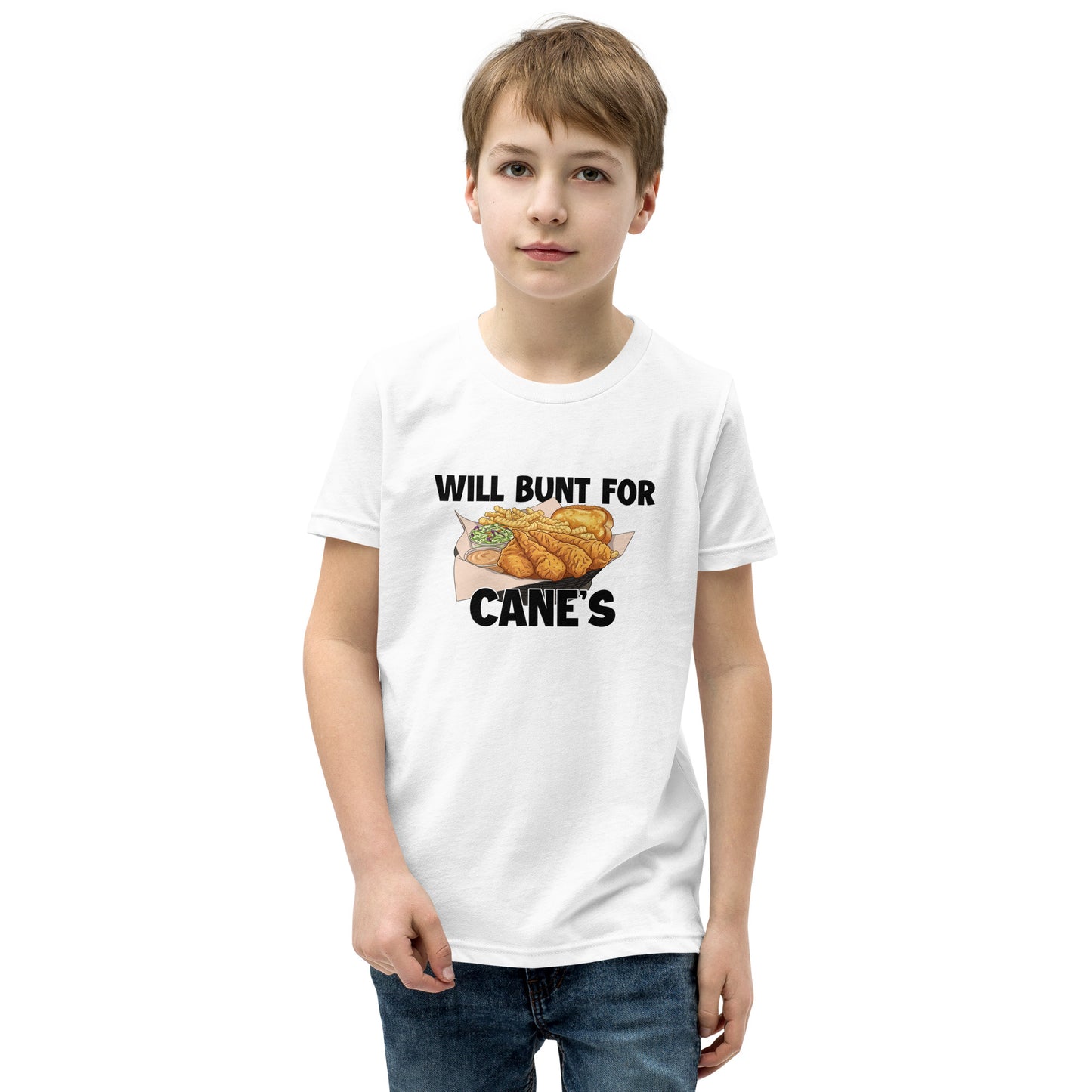 A funny baseball youth tee shirt in white from Web Gem Apparel for players who hate bunting but love Cane's chicken fingers! 