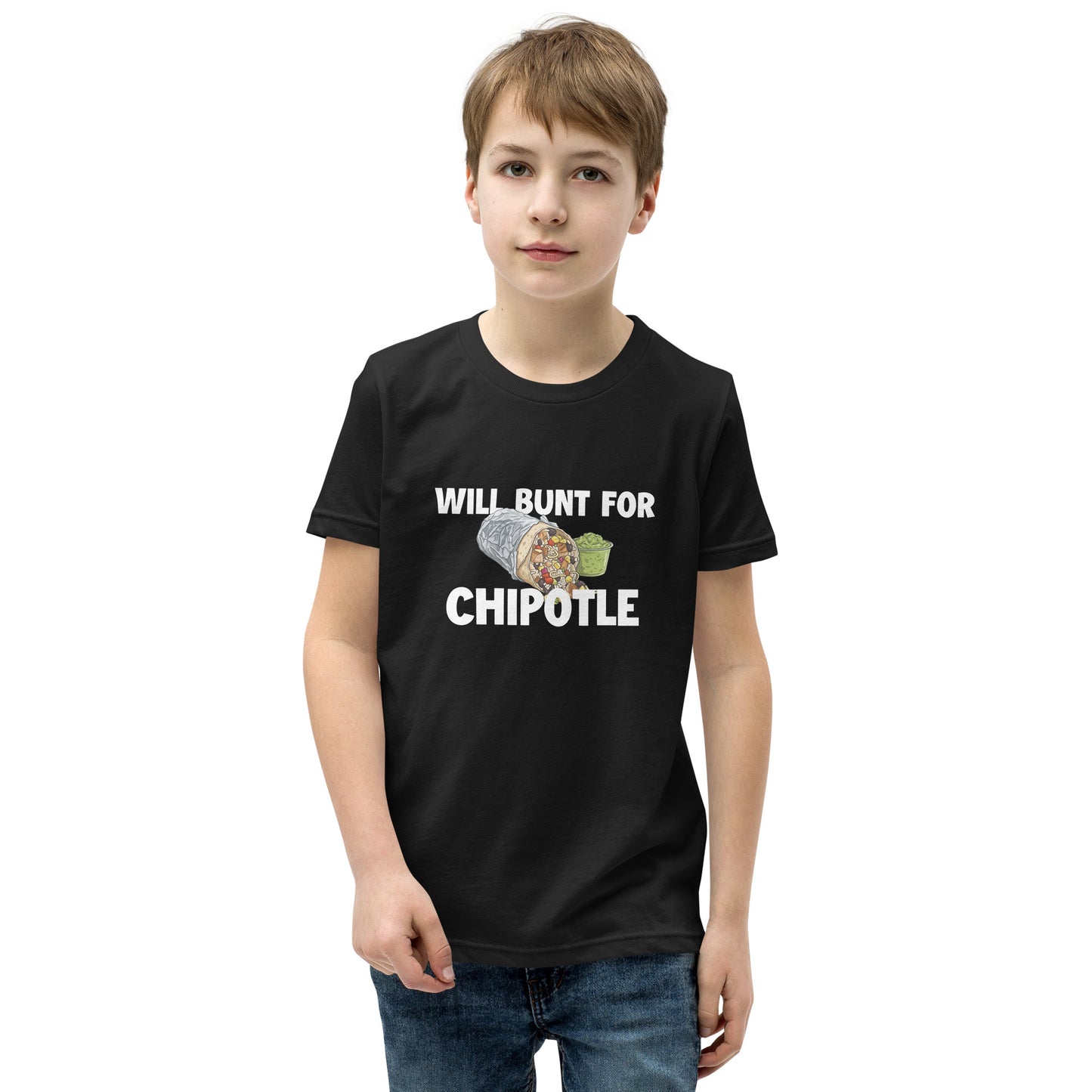 A funny baseball youth tee shirt in black from Web Gem Apparel for players who hate bunting but love Chipotle burritos and guacamole! 