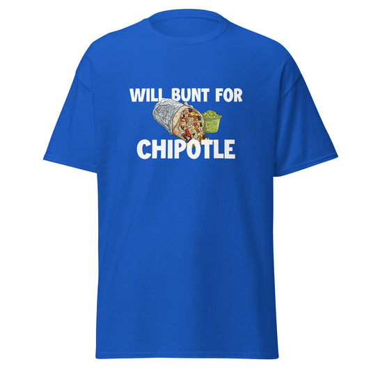 A funny baseball shirt in blue from Web Gem Apparel for players who hate bunting but love Chipotle burritos and guacamole! 