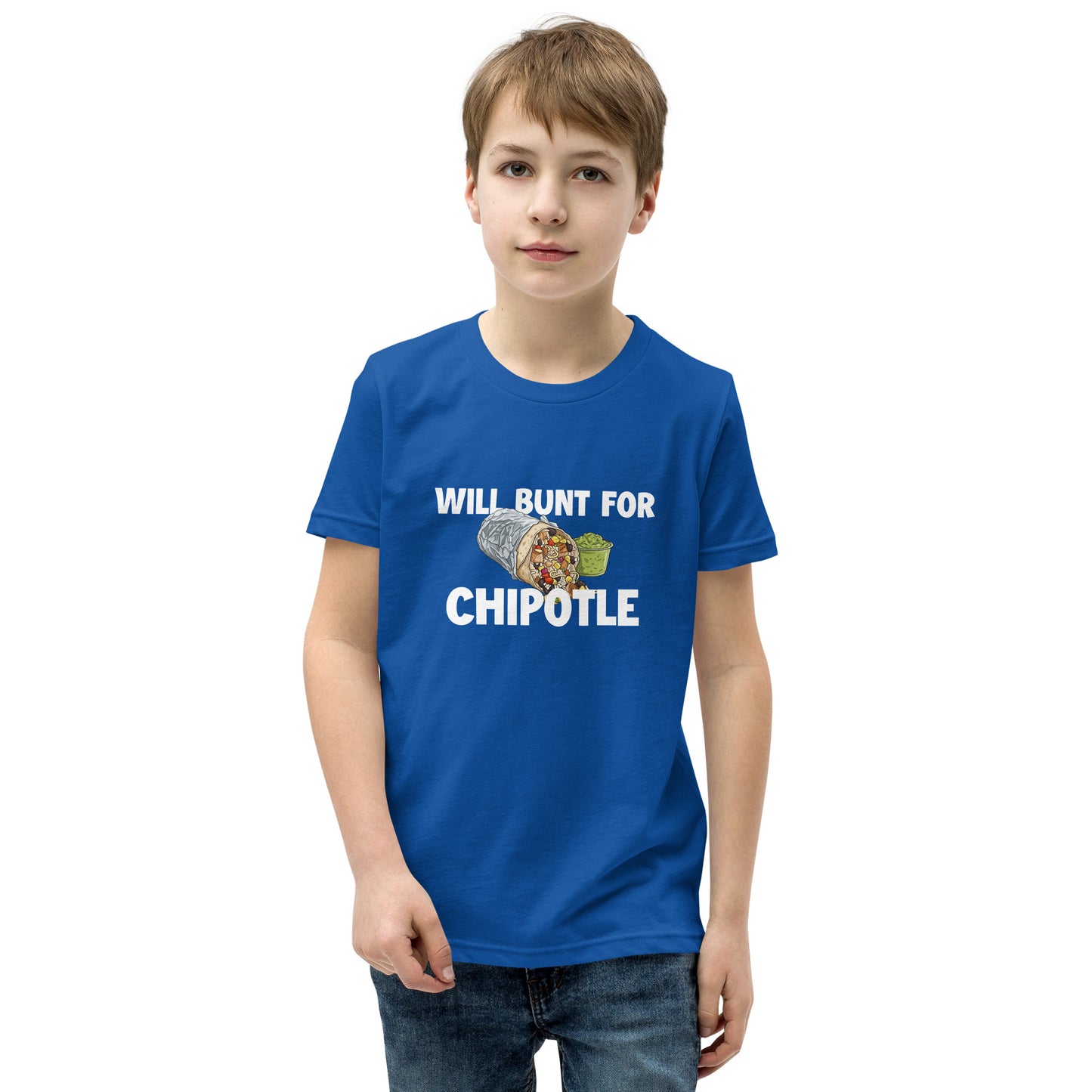 A funny baseball youth tee shirt in blue from Web Gem Apparel for players who hate bunting but love Chipotle burritos and guacamole! 