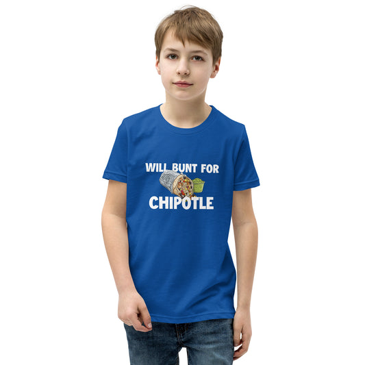 A funny baseball youth tee shirt in blue from Web Gem Apparel for players who hate bunting but love Chipotle burritos and guacamole! 