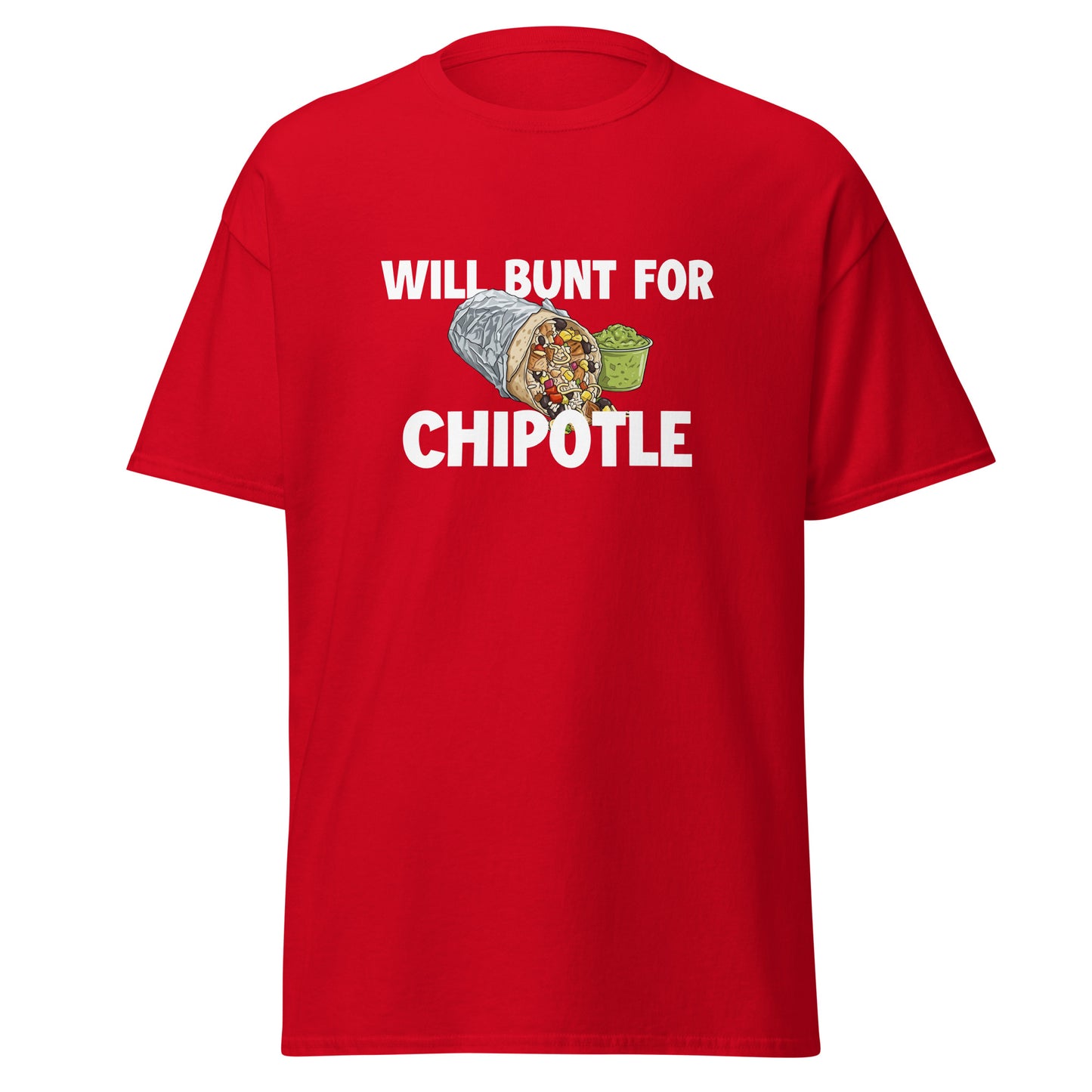 A funny baseball shirt in red from Web Gem Apparel for players who hate bunting but love Chipotle burritos and guacamole! 