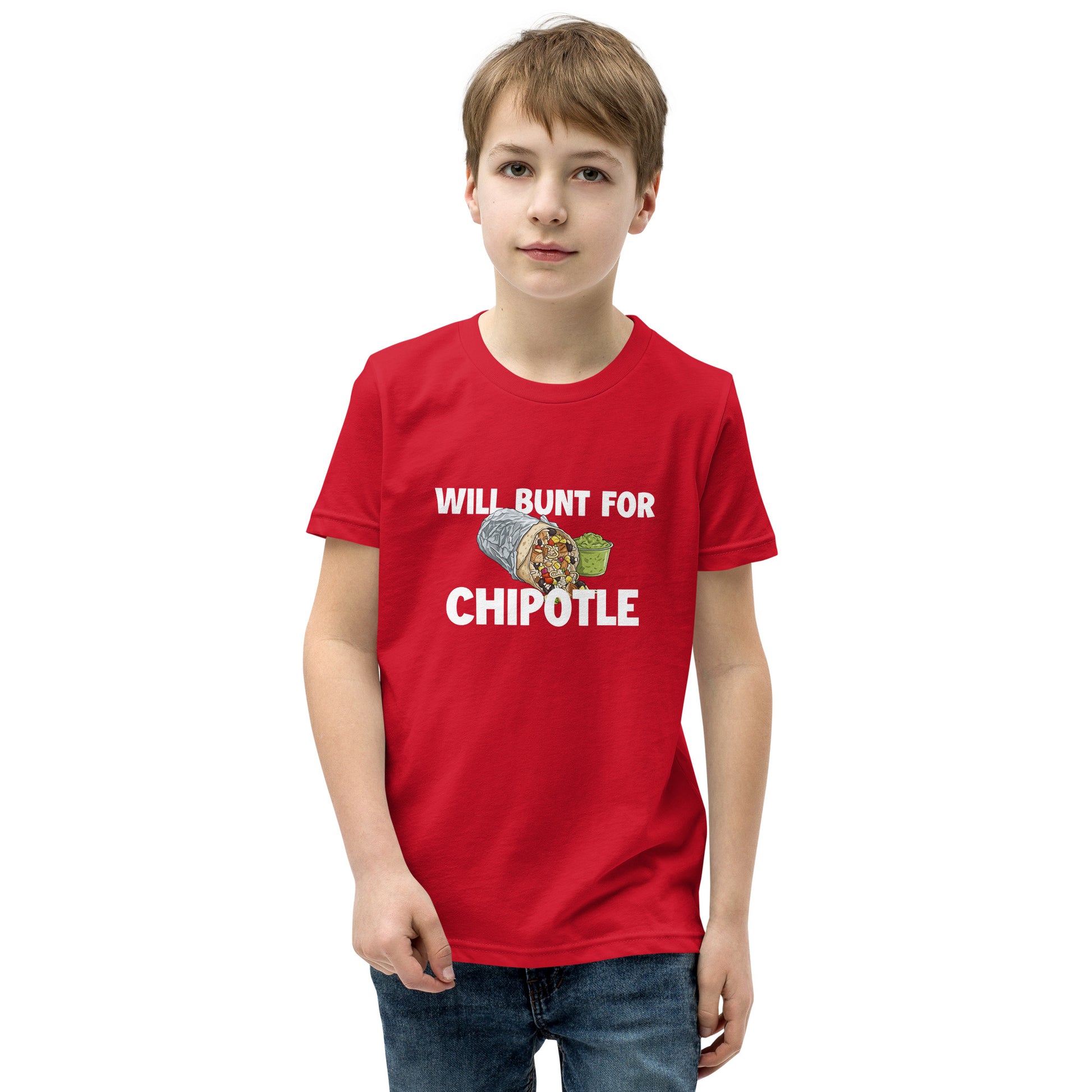 A funny baseball youth tee shirt in red from Web Gem Apparel for players who hate bunting but love Chipotle burritos and guacamole! 
