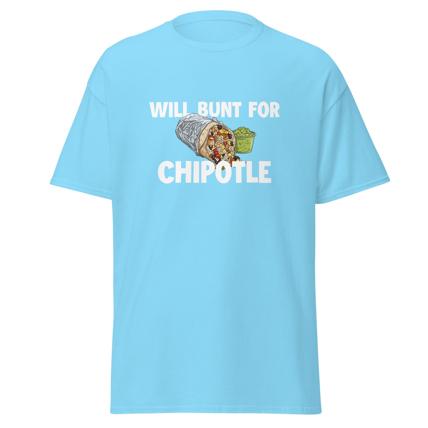 A funny baseball shirt in sky blue from Web Gem Apparel for players who hate bunting but love Chipotle burritos and guacamole! 