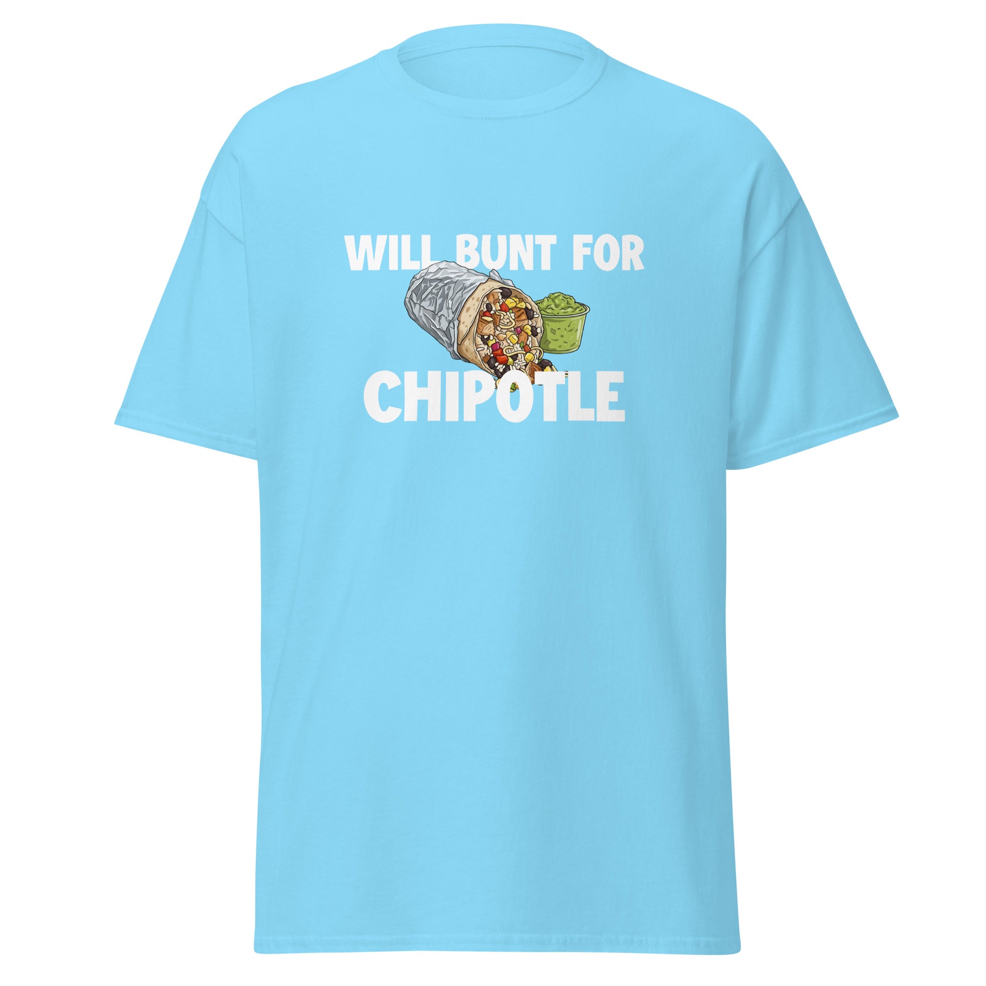 A funny baseball shirt in sky blue from Web Gem Apparel for players who hate bunting but love Chipotle burritos and guacamole! 