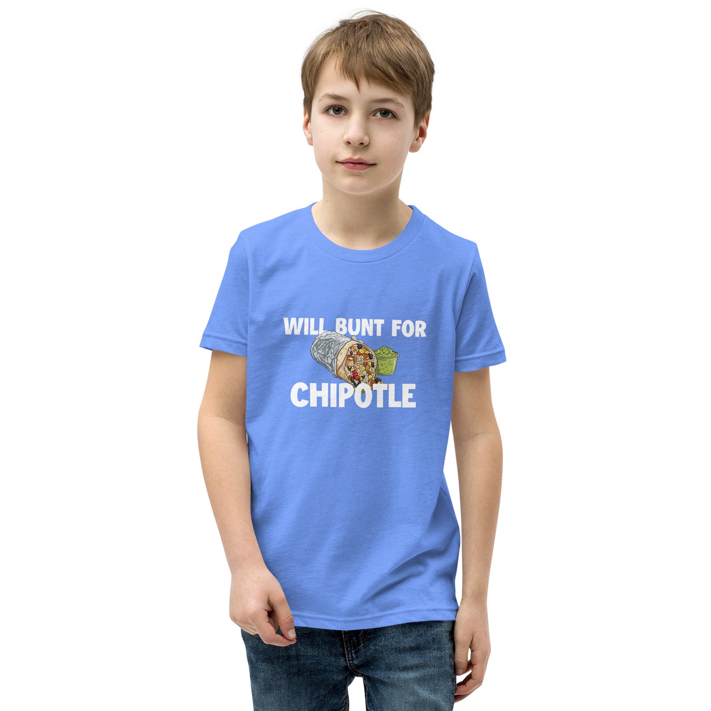 A funny baseball youth tee shirt in sky blue from Web Gem Apparel for players who hate bunting but love Chipotle burritos and guacamole! 