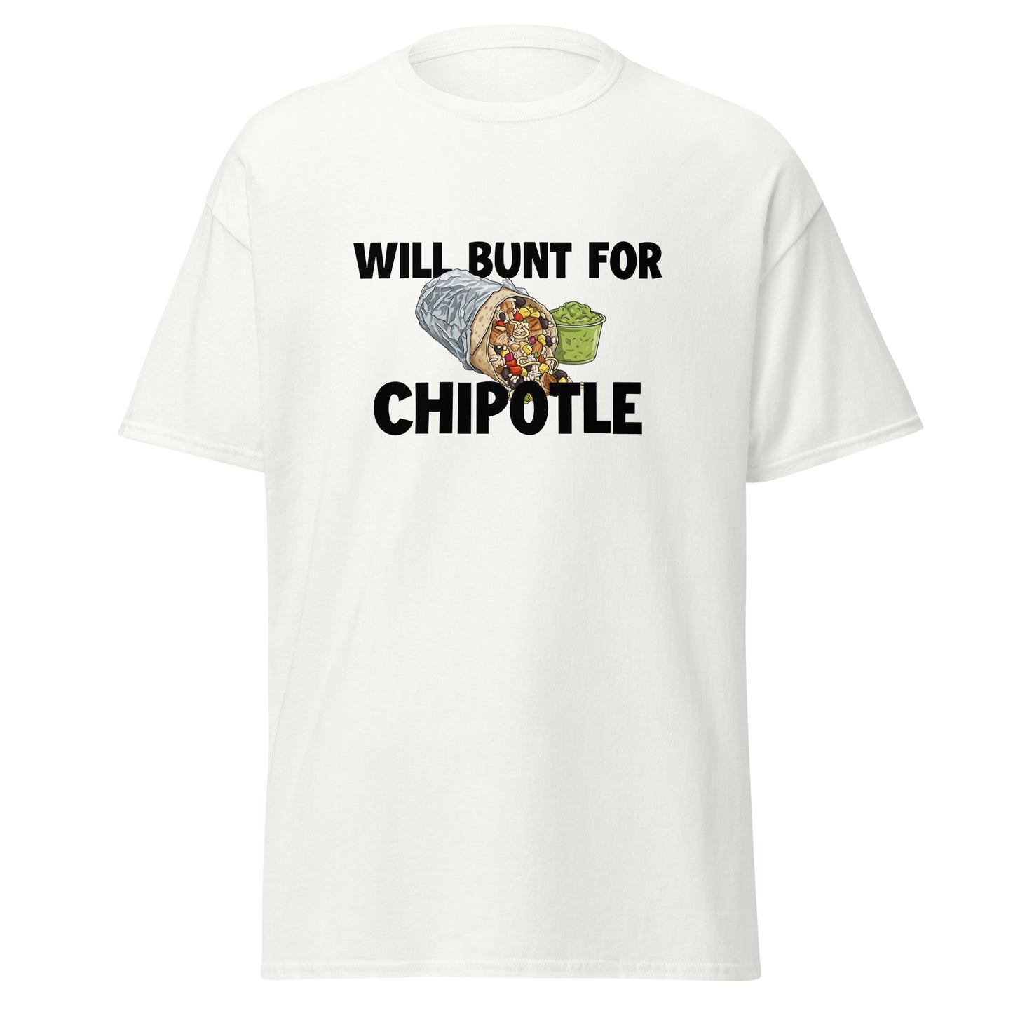 A funny baseball shirt in white from Web Gem Apparel for players who hate bunting but love Chipotle burritos and guacamole! 
