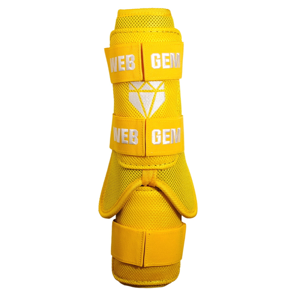 Front view of Going Yard Yellow Baseball Leg Guard showing form fitting design that works on either leg