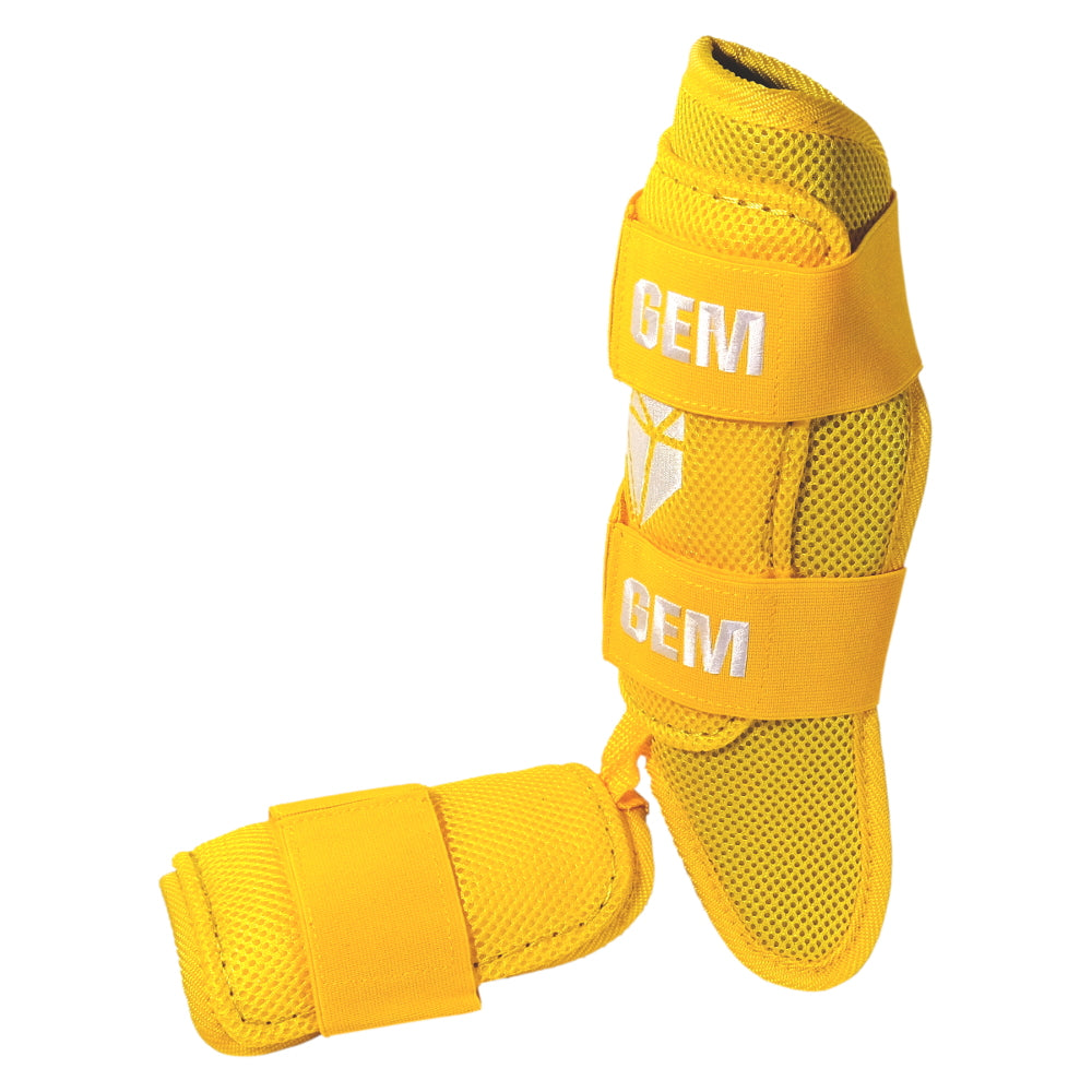 Back view of Going Yard Yellow Baseball Leg Guard showing adjustable Velcro strap and ergonomic design