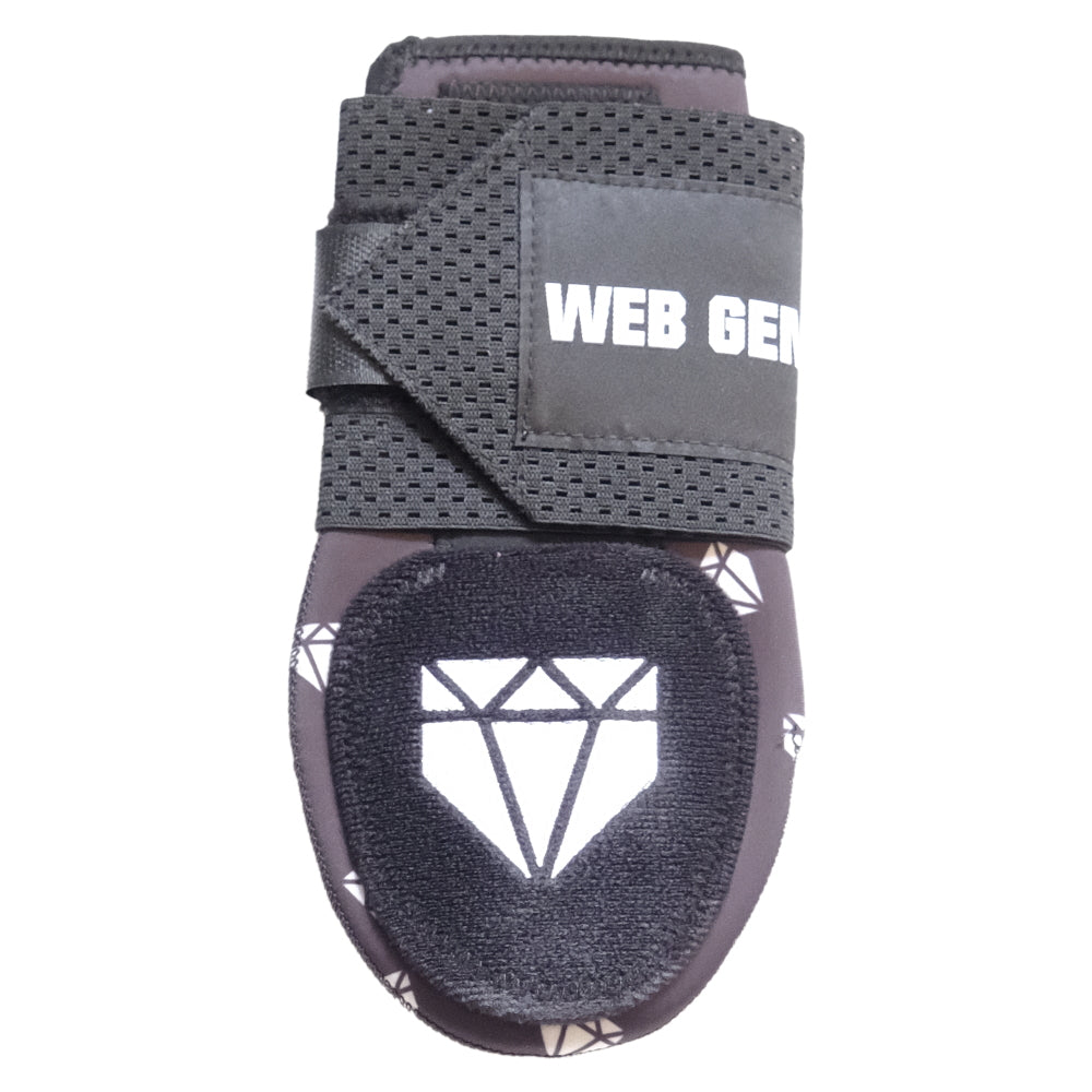 Front view of Youth Bomb Black Baseball Sliding Mitt showing logo and diamond design.