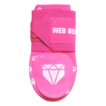Front view of Youth Pimp Job Pink Baseball Sliding Mitt showing logo and diamond design.