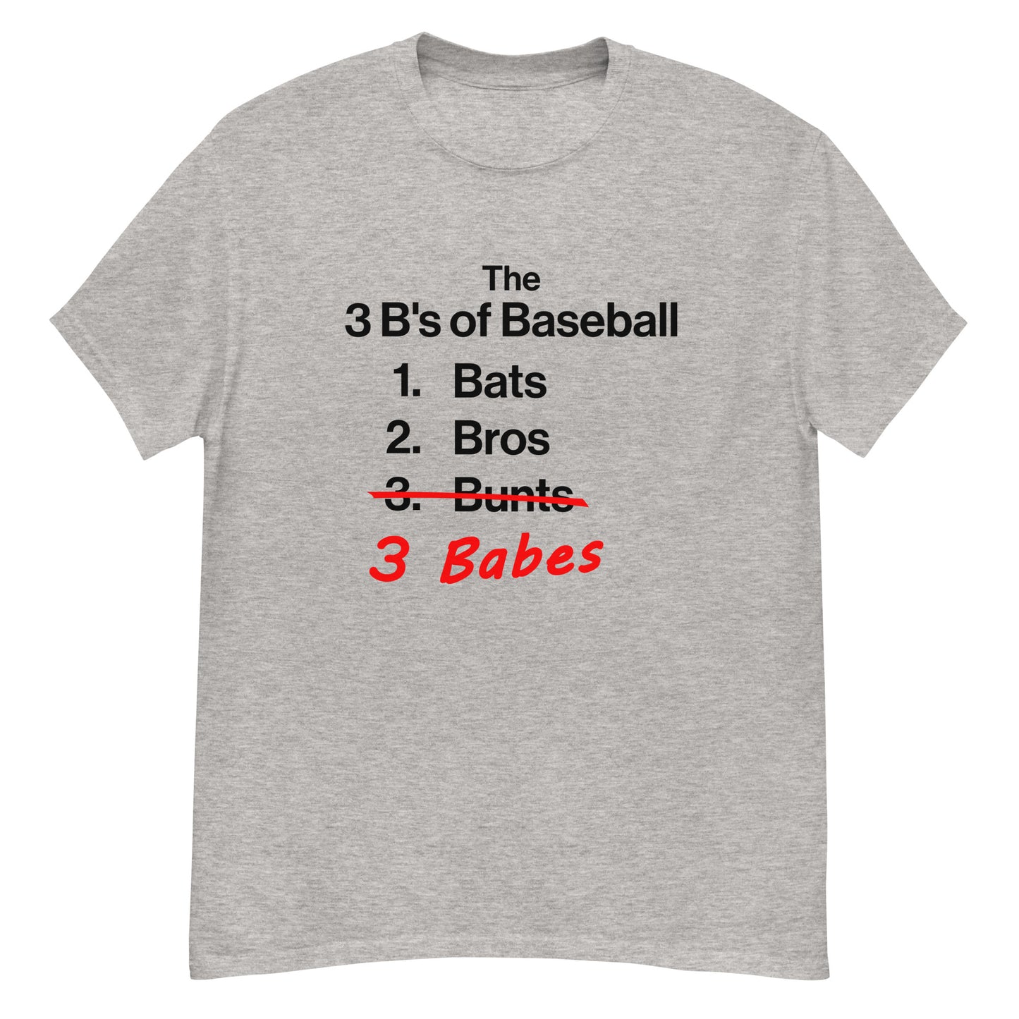 Detailed front view of the gray 3 B's of Baseball shirt from Web Gem Apparel.