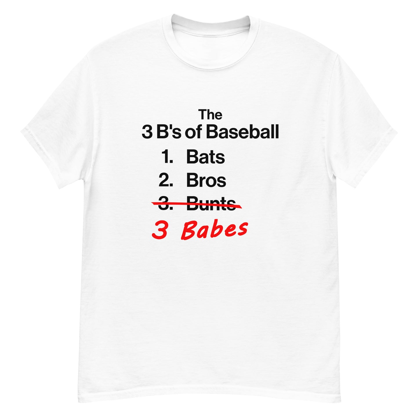 Detailed front view of the white 3 B's of Baseball shirt from Web Gem Apparel.