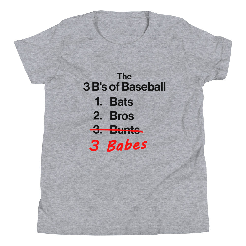 Detailed front view of the gray 3 B's of Baseball shirt available in youth sizes from Web Gem Apparel.