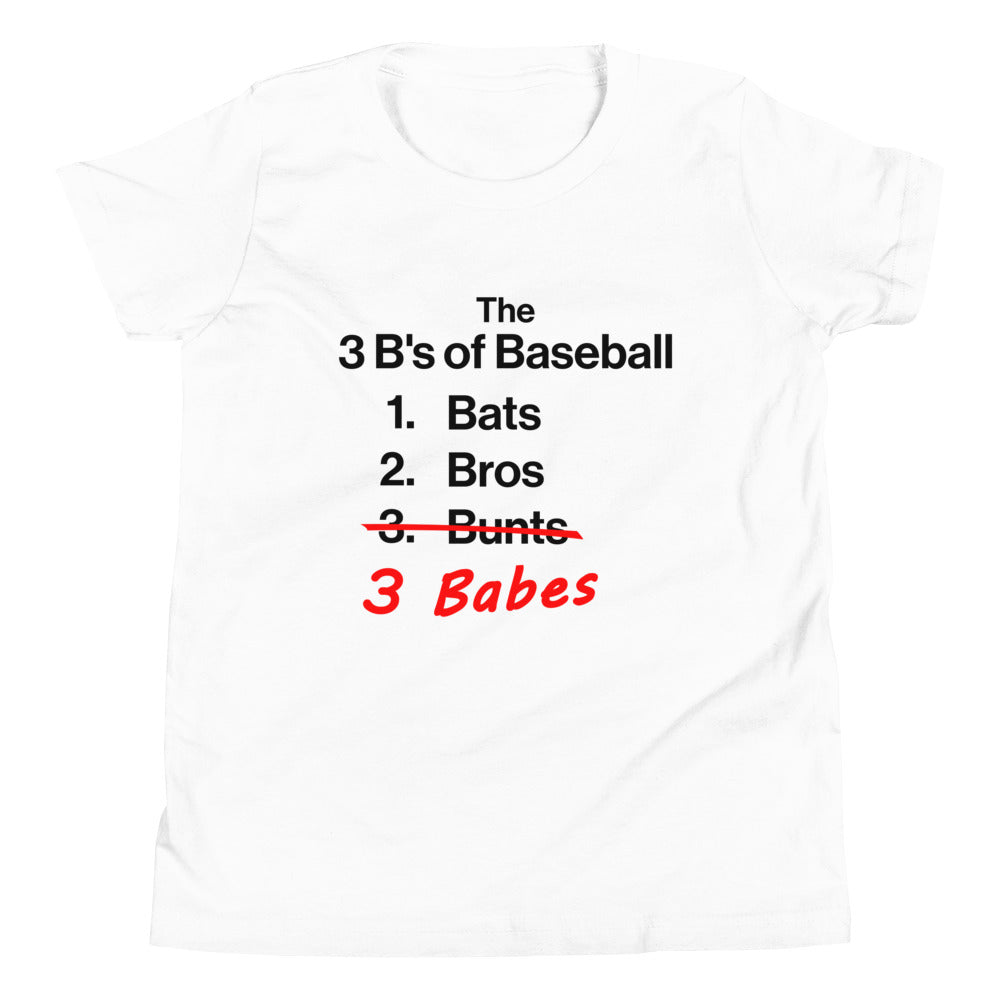 Detailed front view of the white 3 B's of Baseball shirt available in youth sizes from Web Gem Apparel.