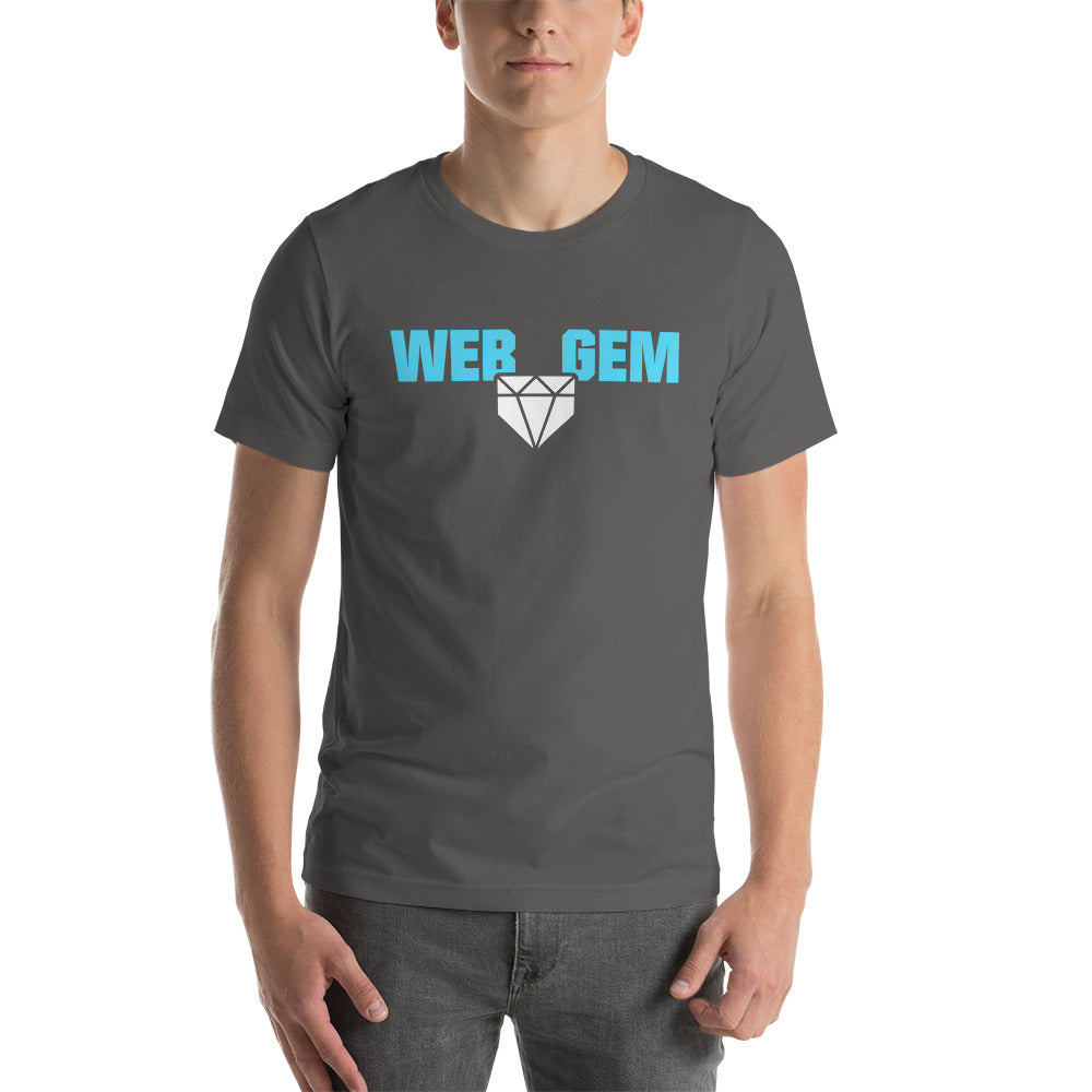 The classic Web Gem Apparel logo on an asphalt adult shirt.