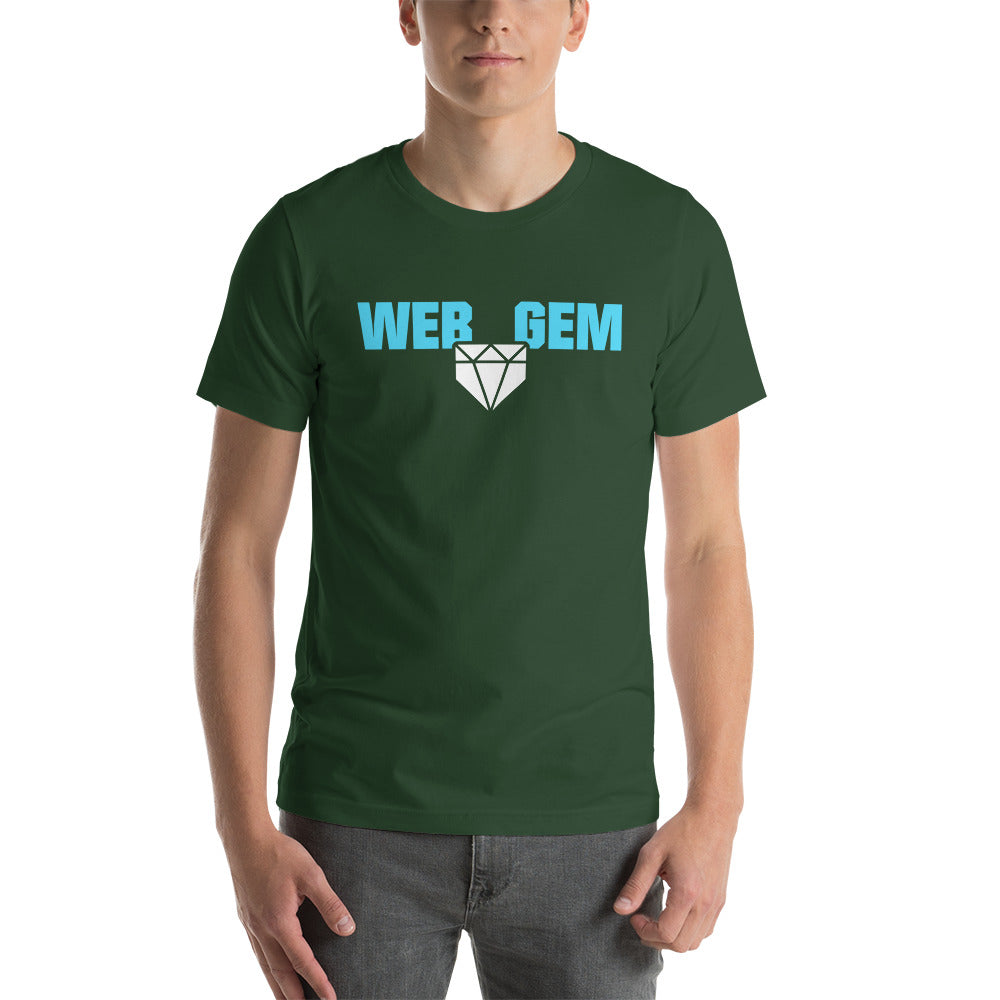 The classic Web Gem Apparel logo on a forest adult shirt.