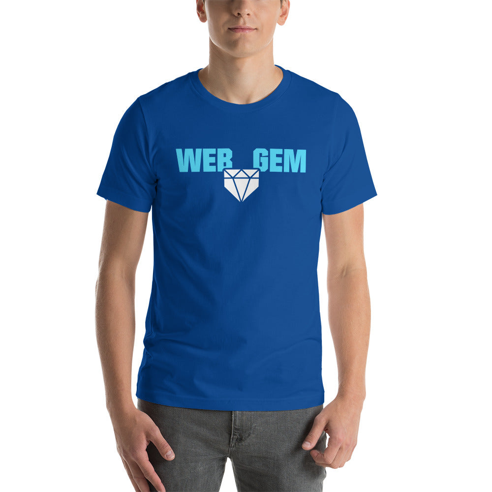 The classic Web Gem Apparel logo on a royal adult shirt.