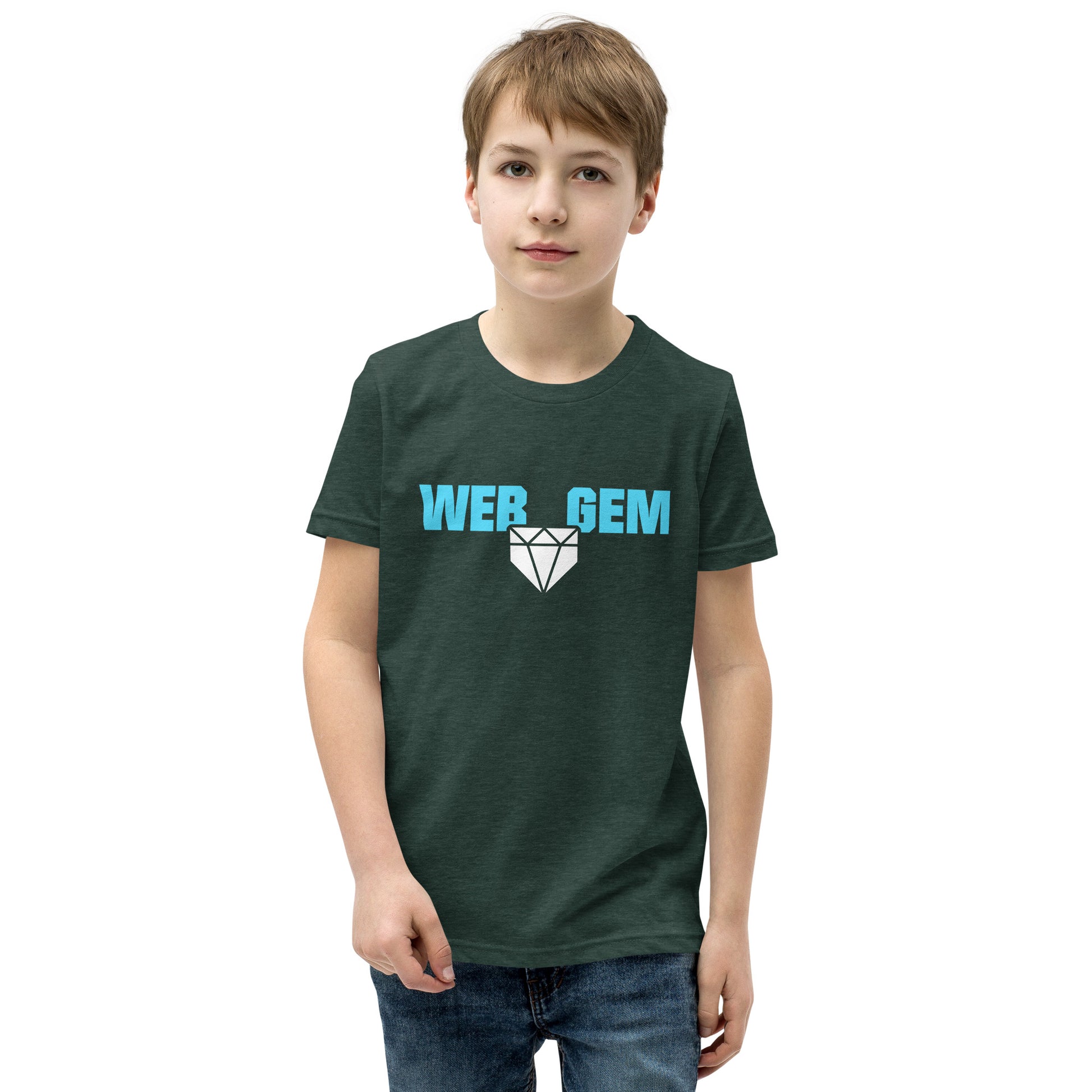 The classic Web Gem Apparel logo on a forest youth shirt.