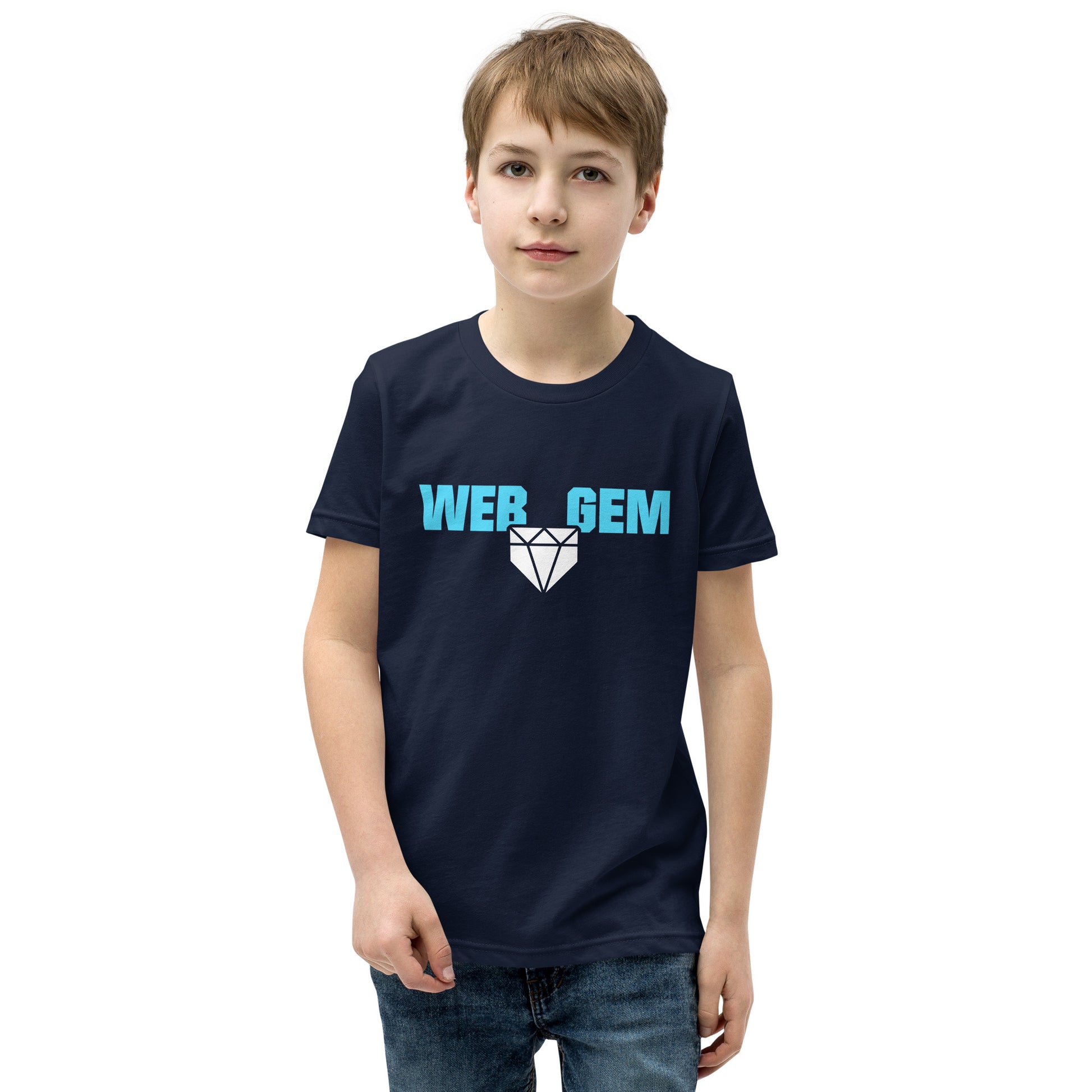The classic Web Gem Apparel logo on a navy youth shirt.